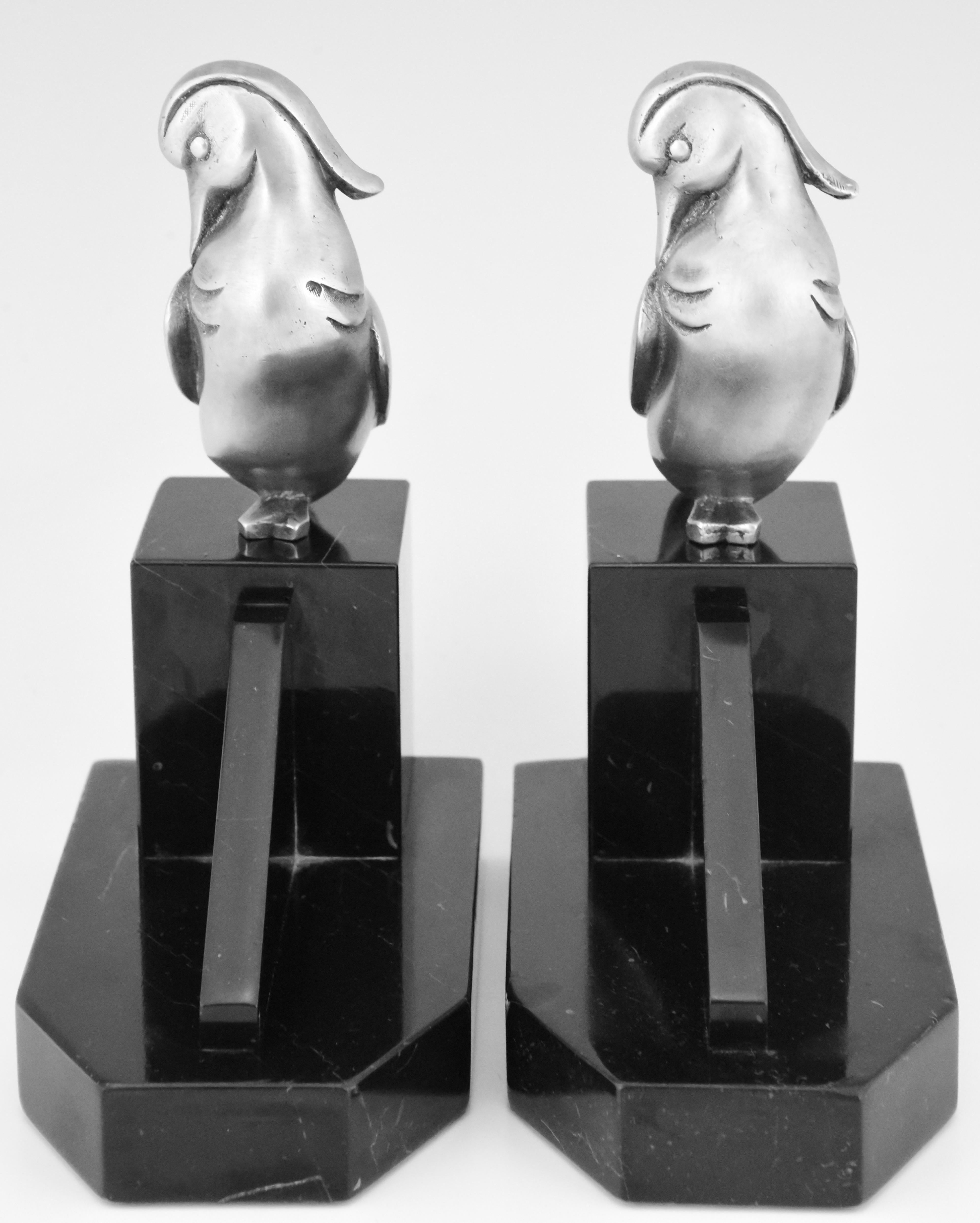 French Art Deco Silvered Bronze Duck Bookends Georges H Laurent, France, 1925