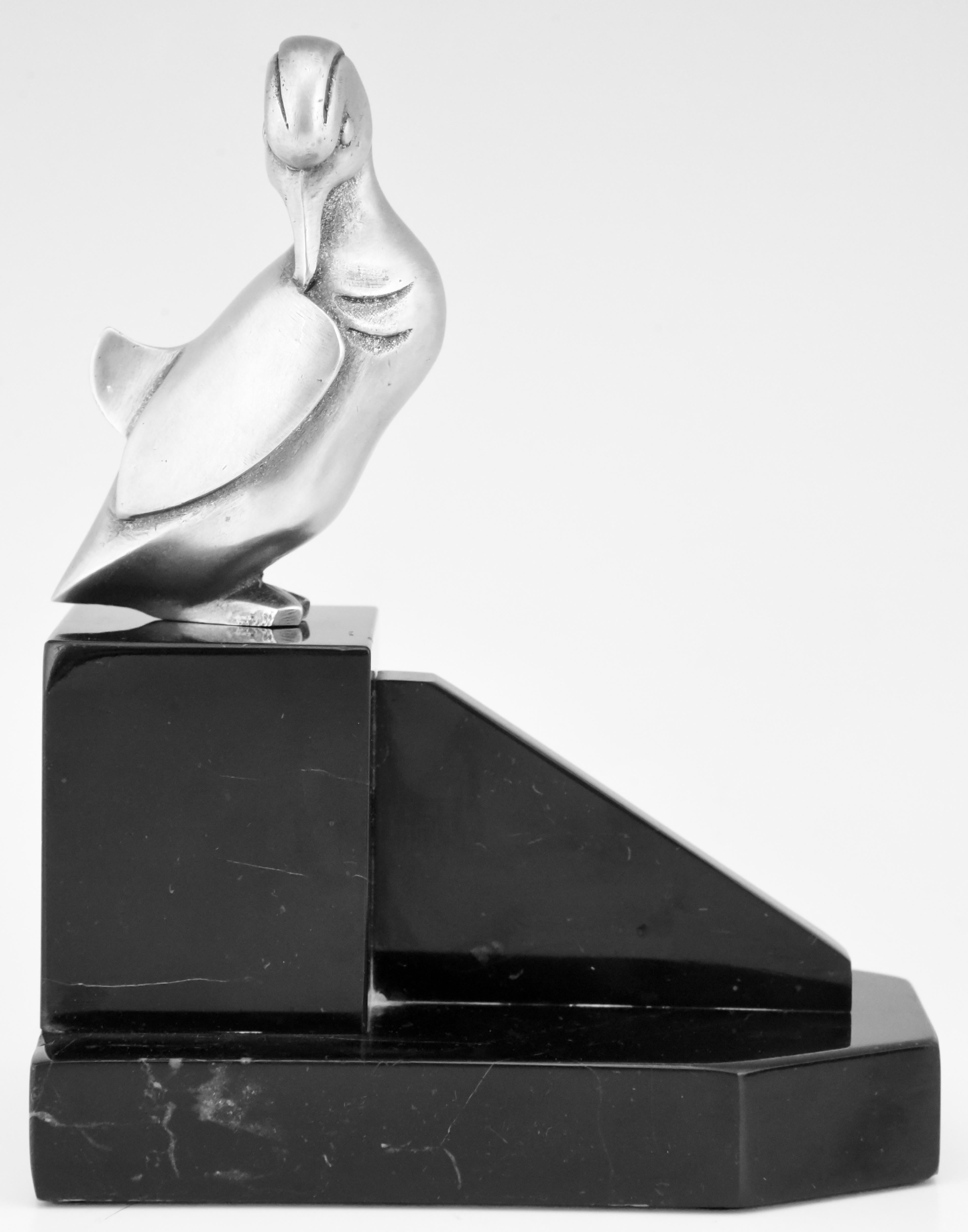 20th Century Art Deco Silvered Bronze Duck Bookends Georges H Laurent, France, 1925
