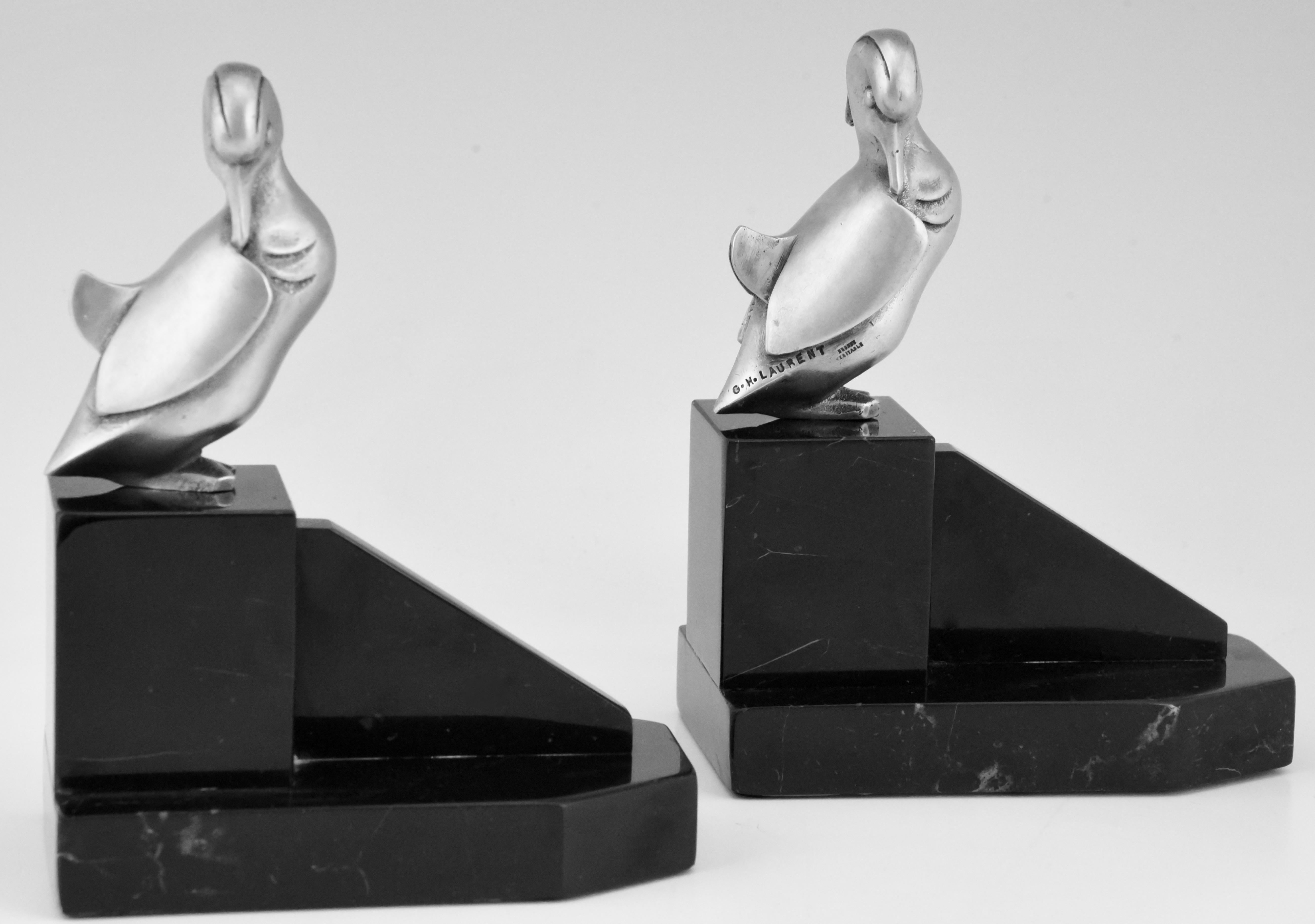 Art Deco Silvered Bronze Duck Bookends Georges H Laurent, France, 1925 2