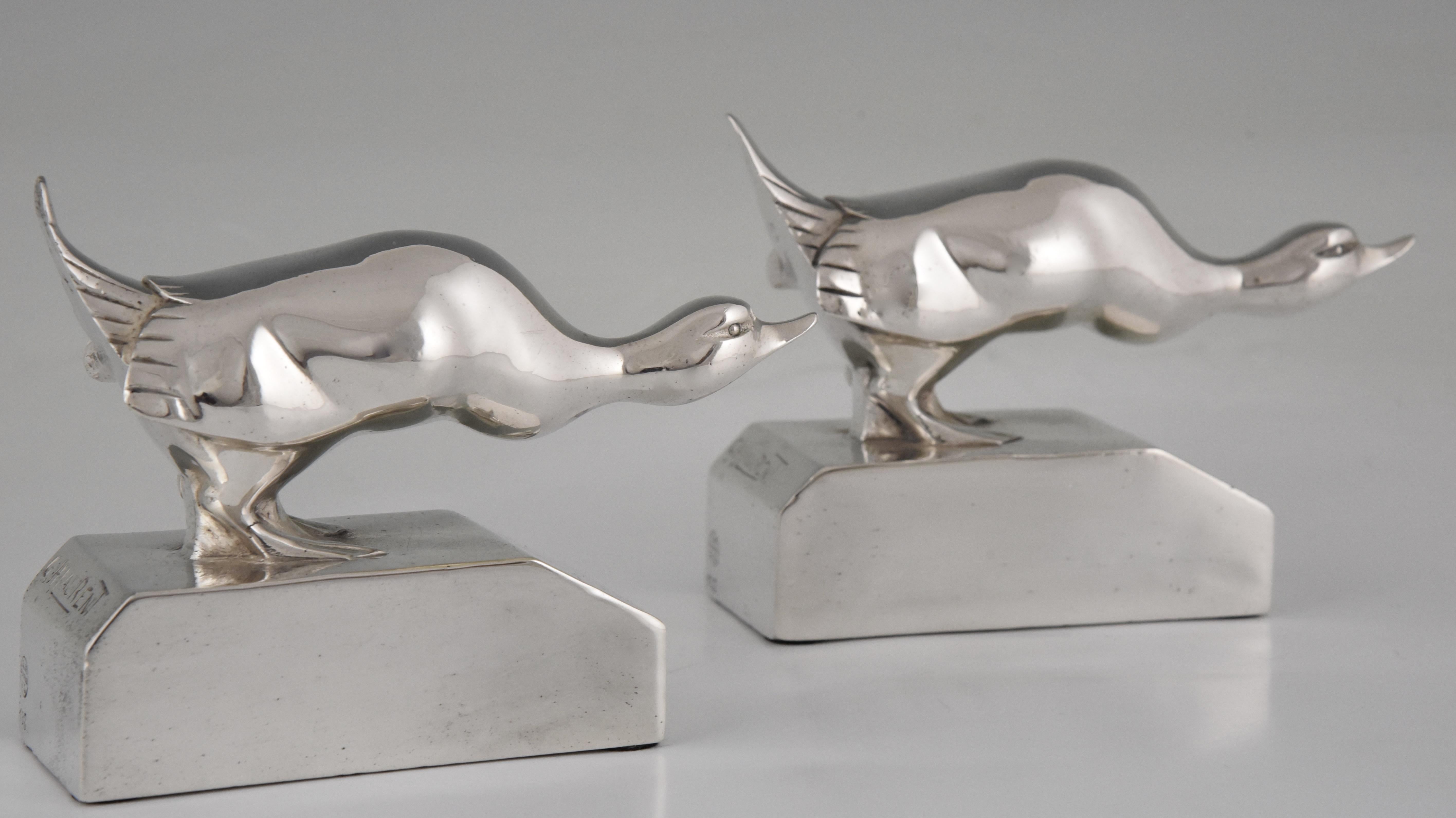 Art Deco Silvered Bronze Duck Bookends G.H. Laurent France 1925 1