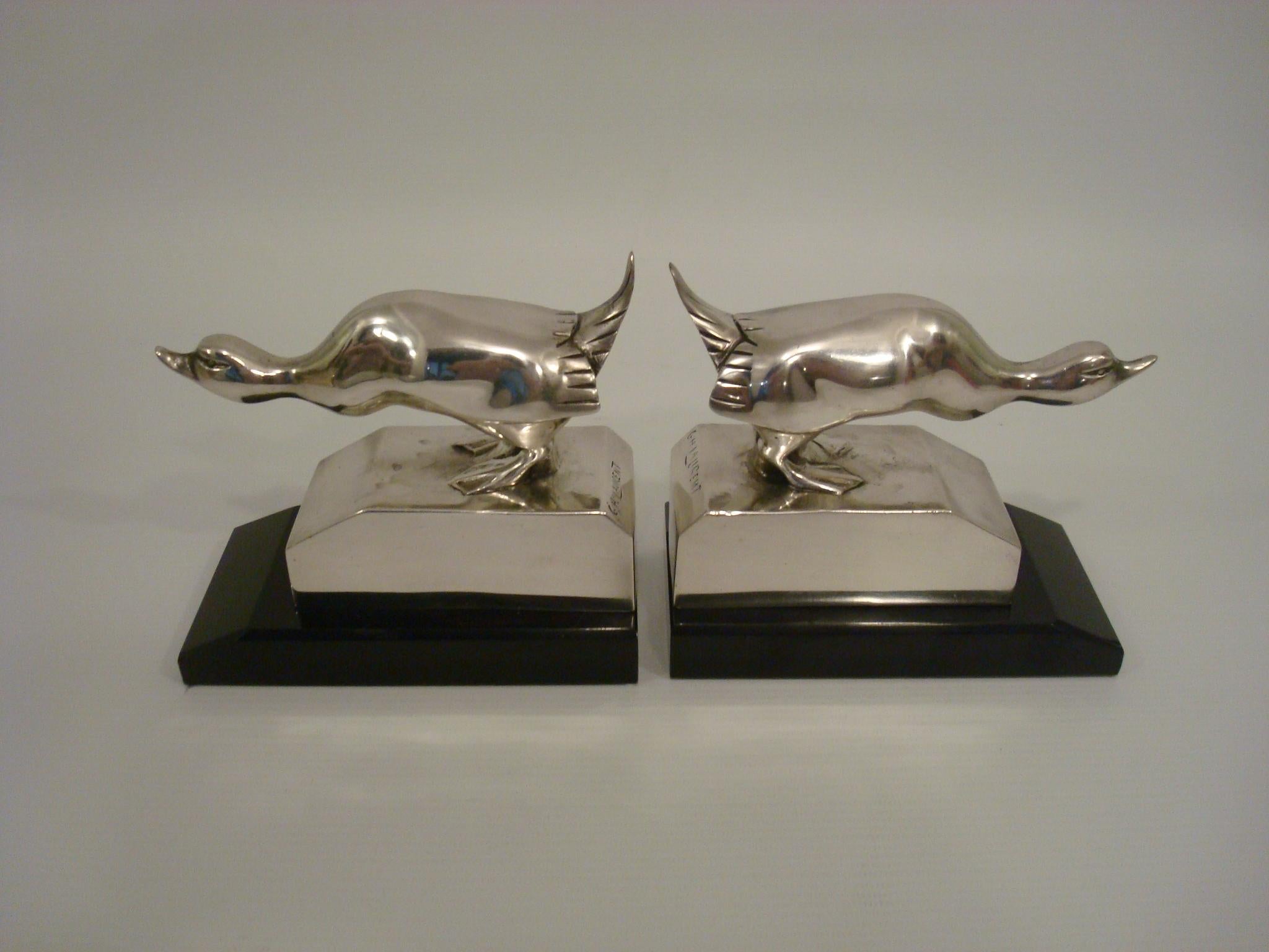 French Art Deco Silvered Bronze Duck Bookends G.H. Laurent France 1925 For Sale