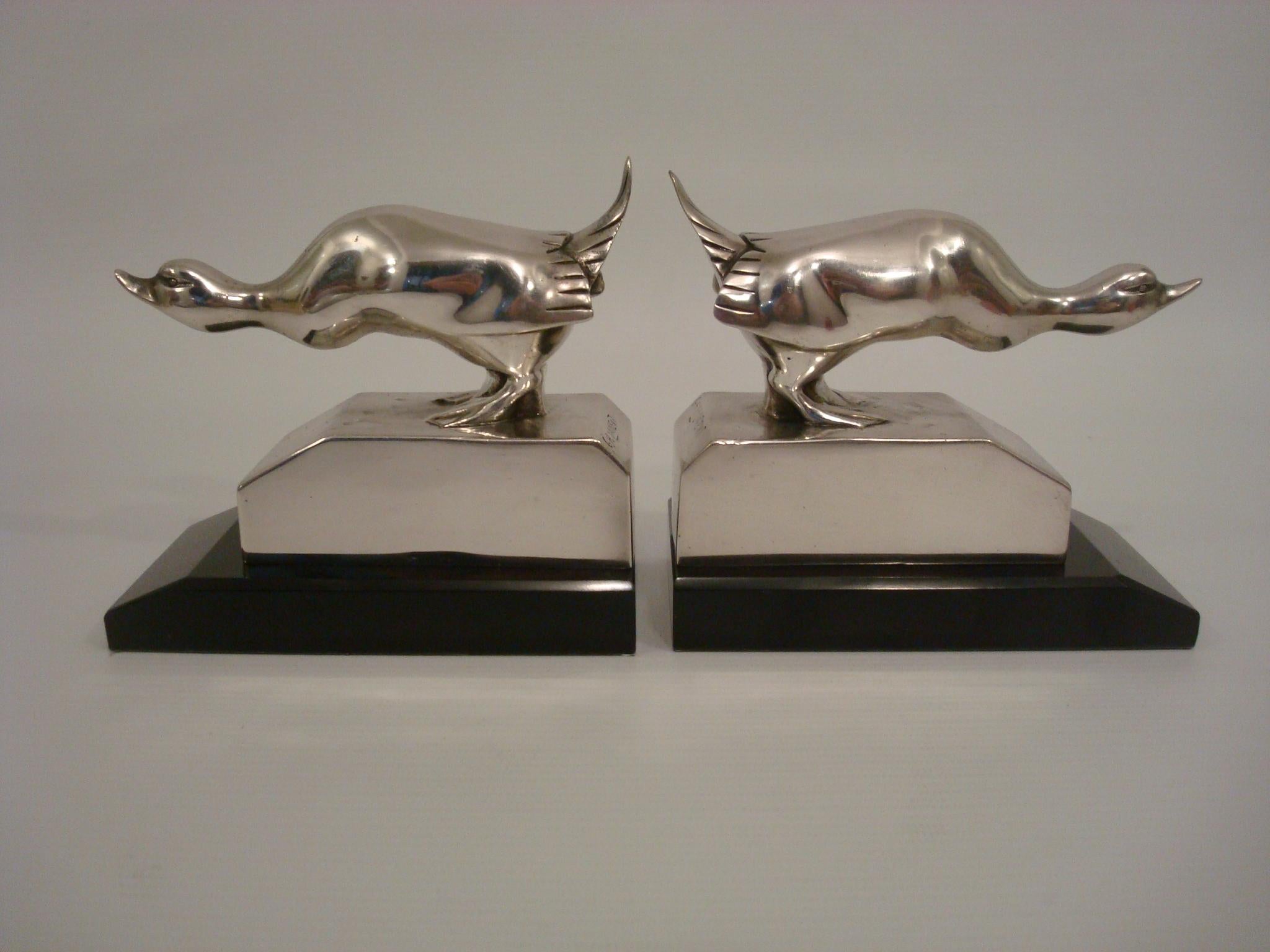 Art Deco Silvered Bronze Duck Bookends G.H. Laurent France 1925 In Good Condition For Sale In Buenos Aires, Olivos