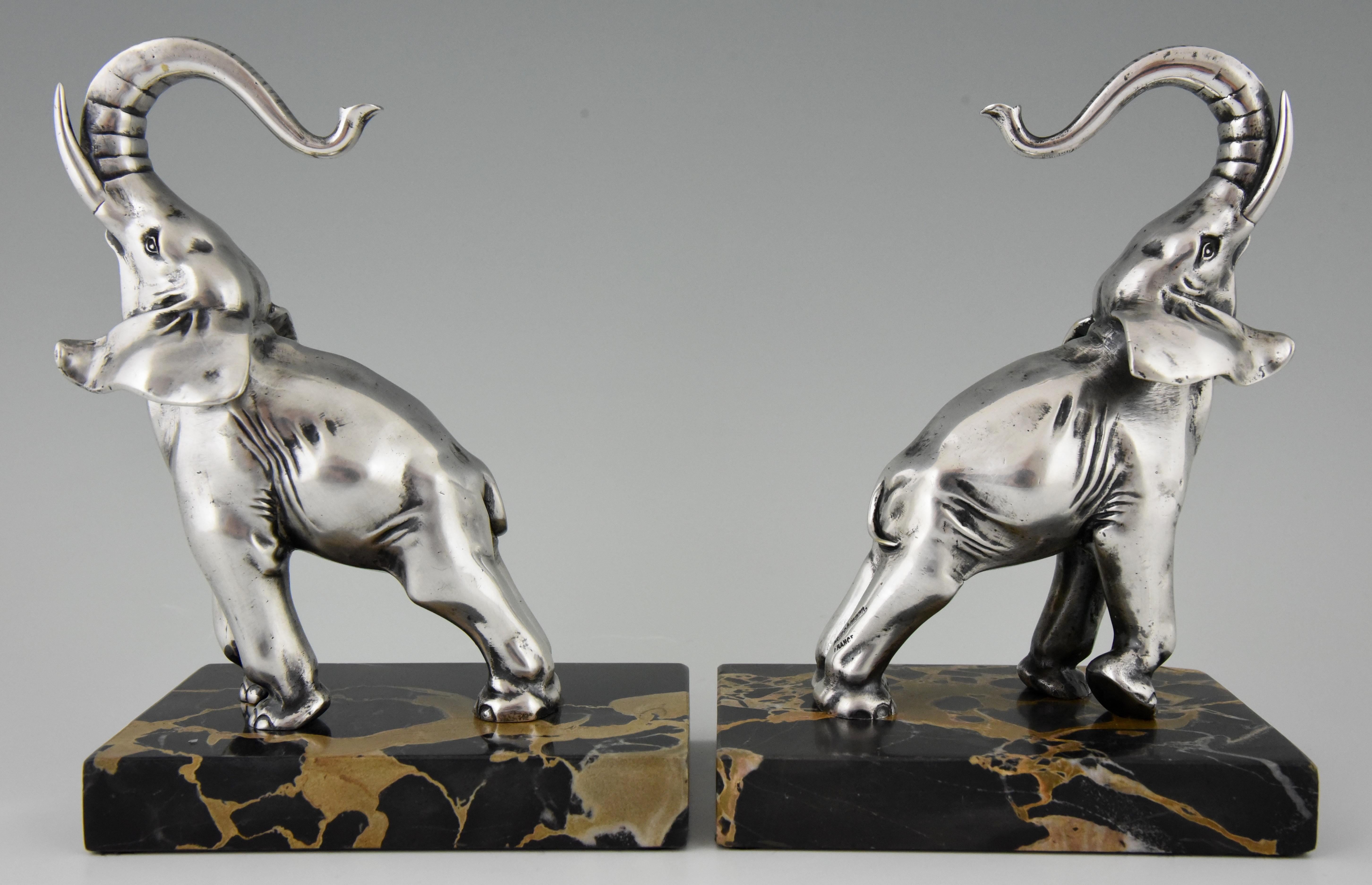 French Art Deco Silvered Bronze Elephant Bookends Rischmann, France, 1925
