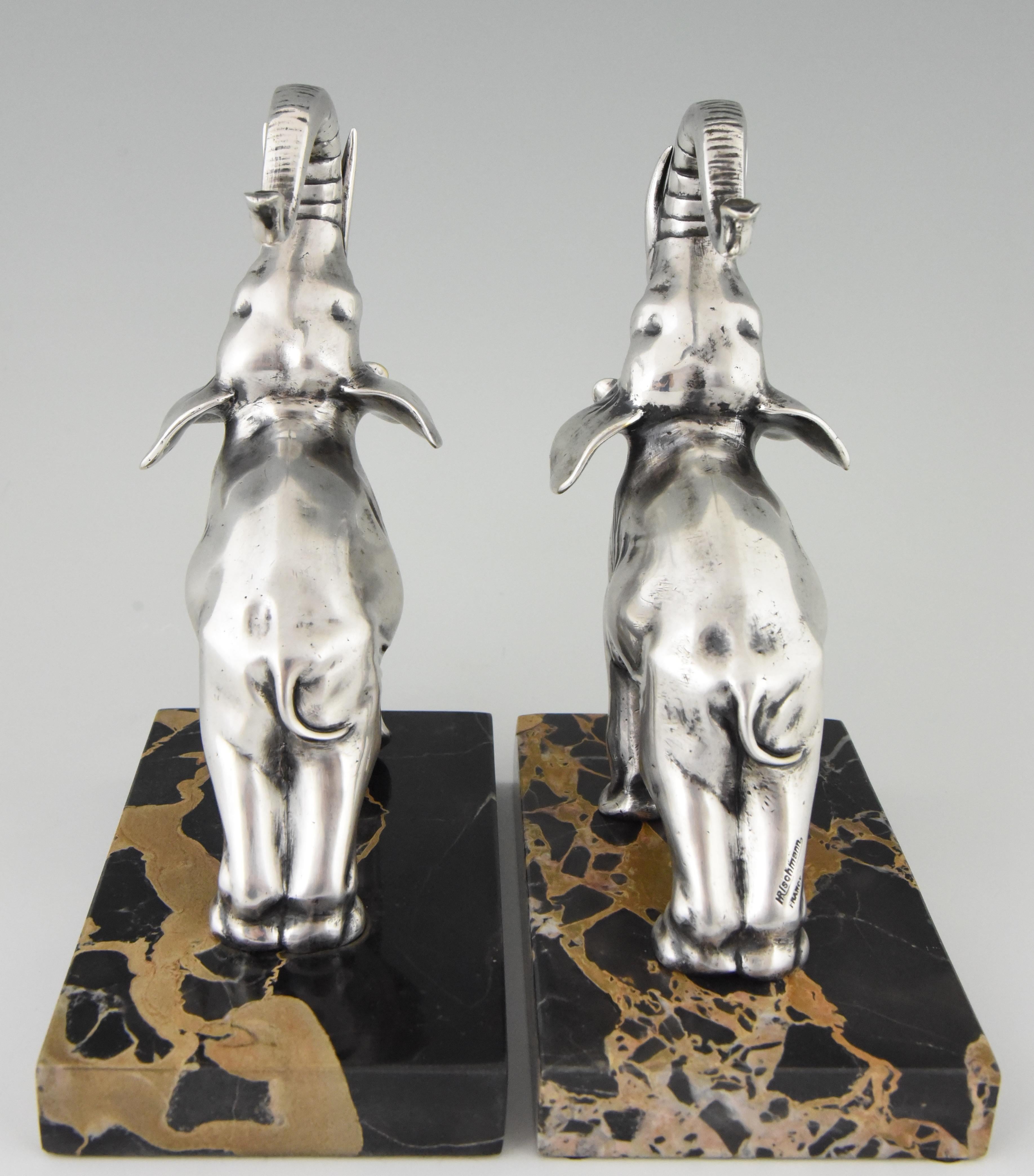 20th Century Art Deco Silvered Bronze Elephant Bookends Rischmann, France, 1925