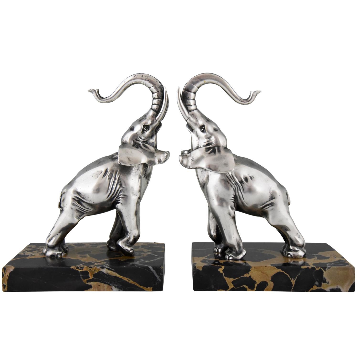 Art Deco Silvered Bronze Elephant Bookends Rischmann, France, 1925