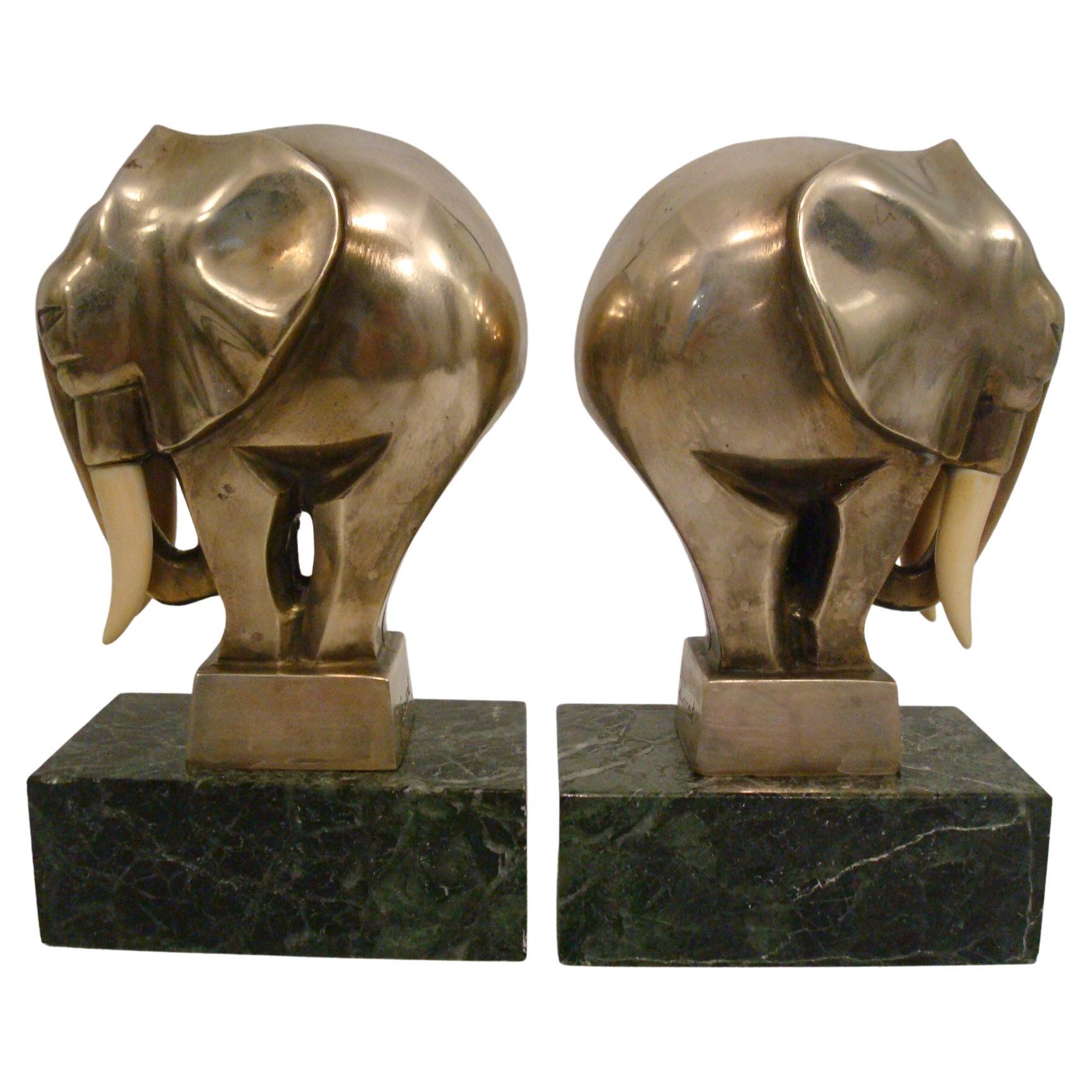 Art Deco Silvered Bronze Elephant Bookends Signed G. H. Laurent, France, 1920s