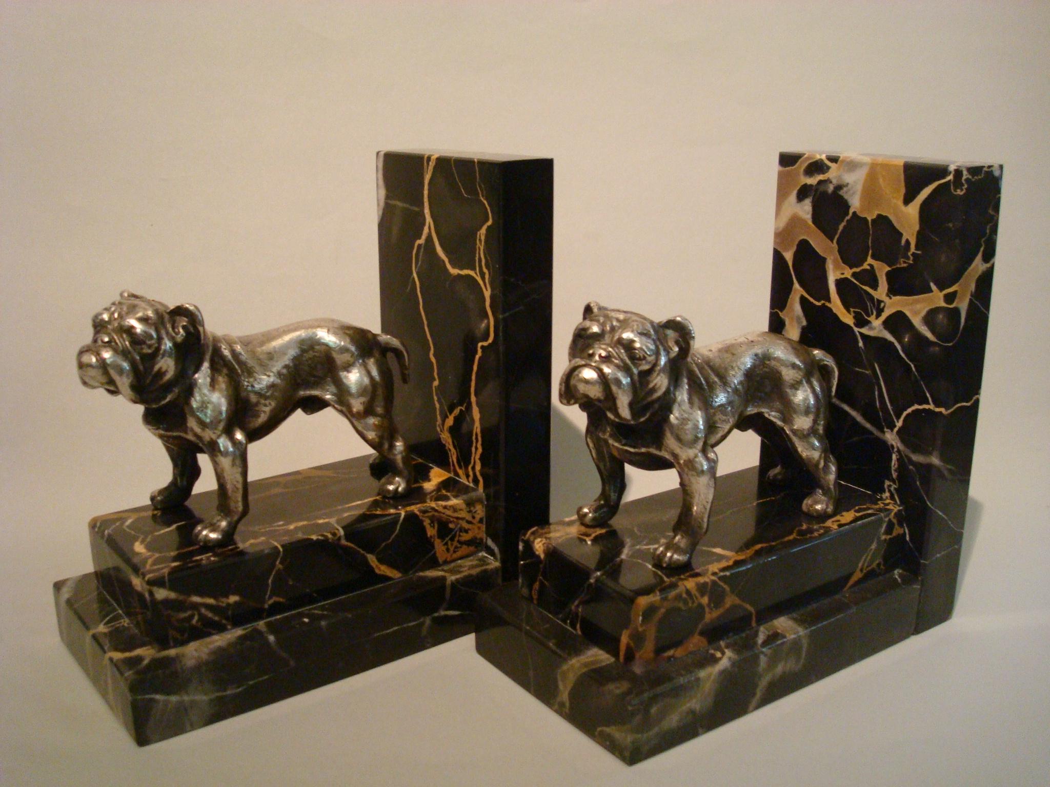 French Art Deco Silvered Bronze English Bulldog Bookends, France, 1920s