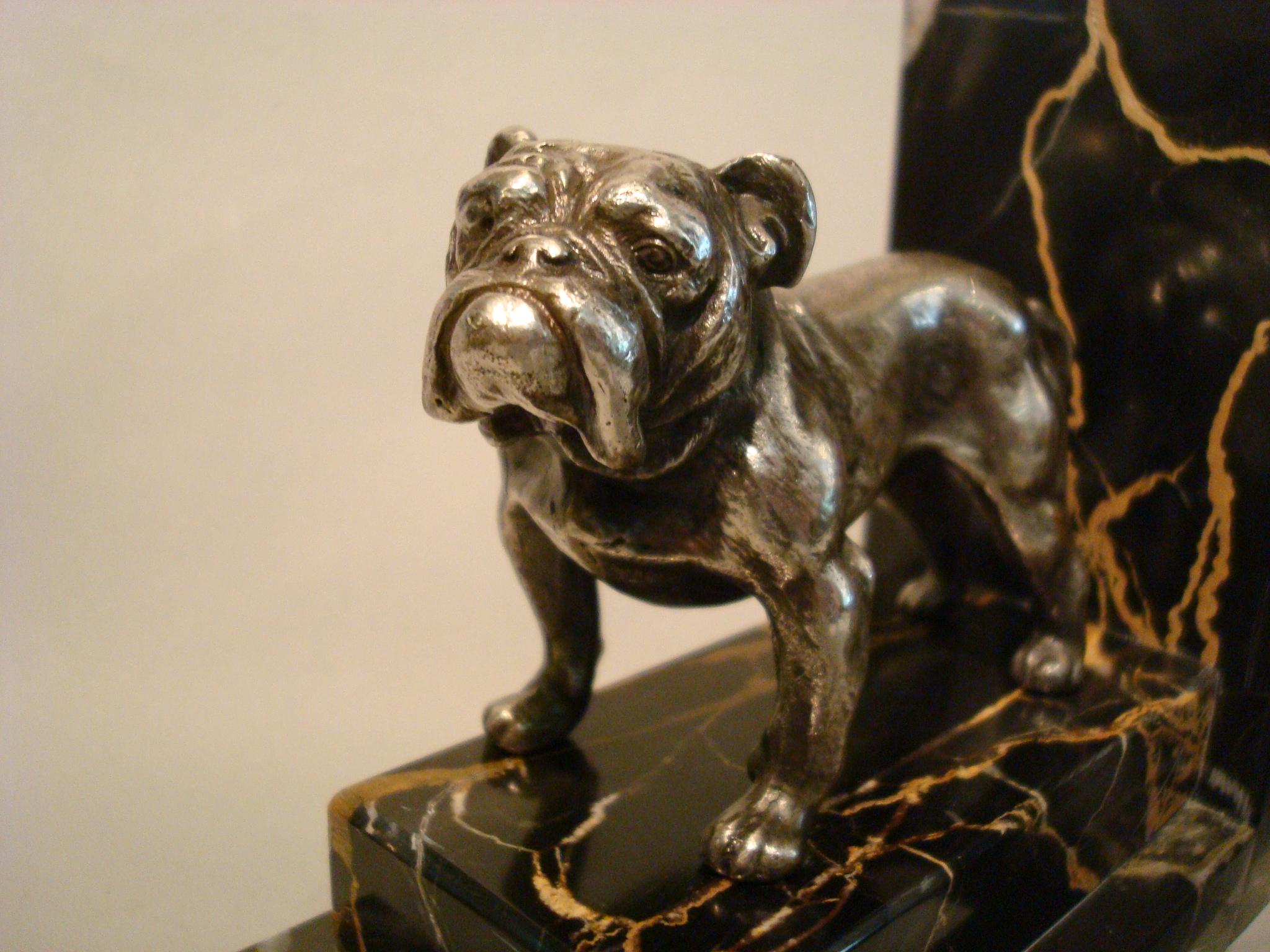 20th Century Art Deco Silvered Bronze English Bulldog Bookends, France, 1920s
