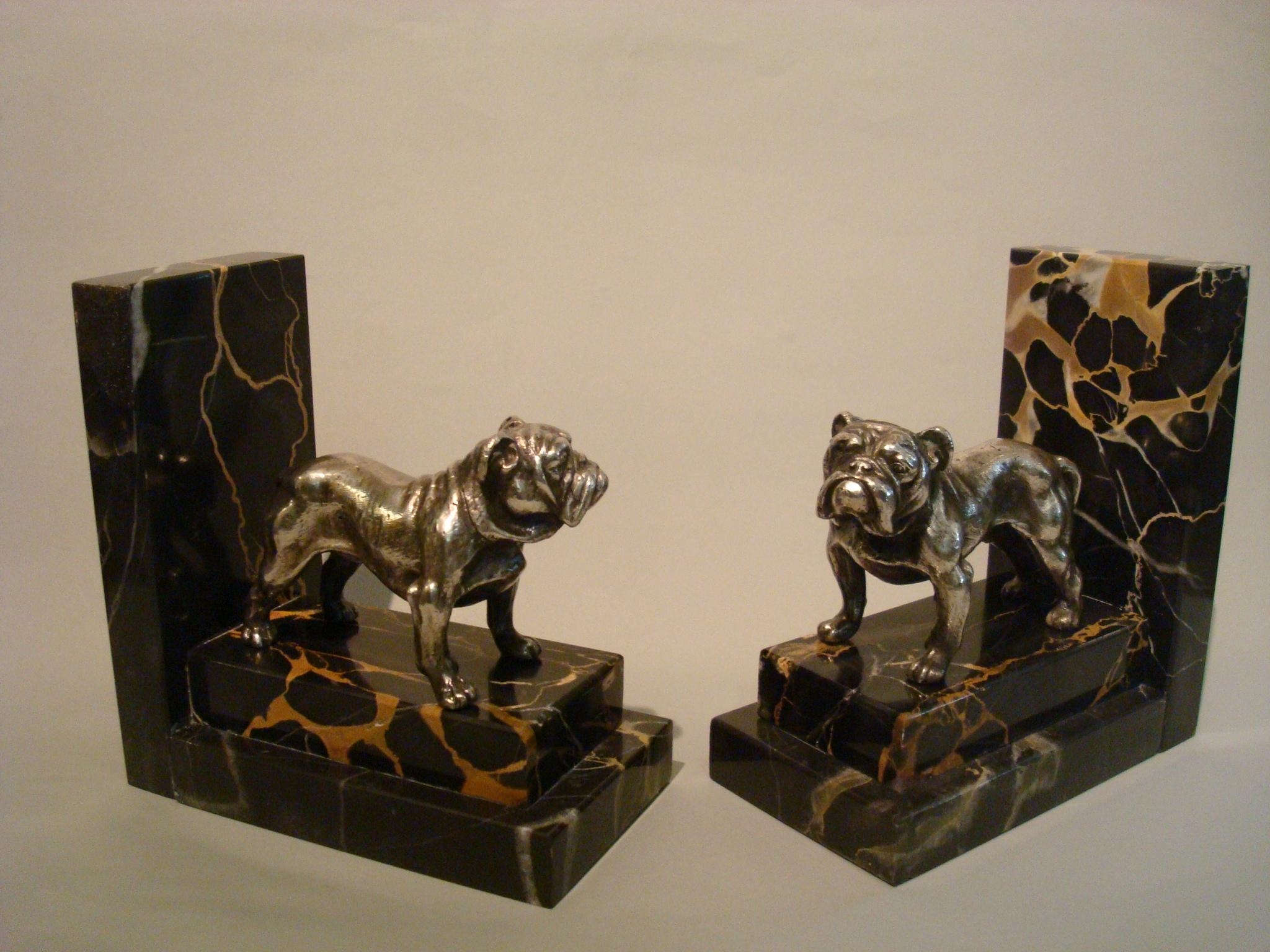 Art Deco Silvered Bronze English Bulldog Bookends, France, 1920s 3