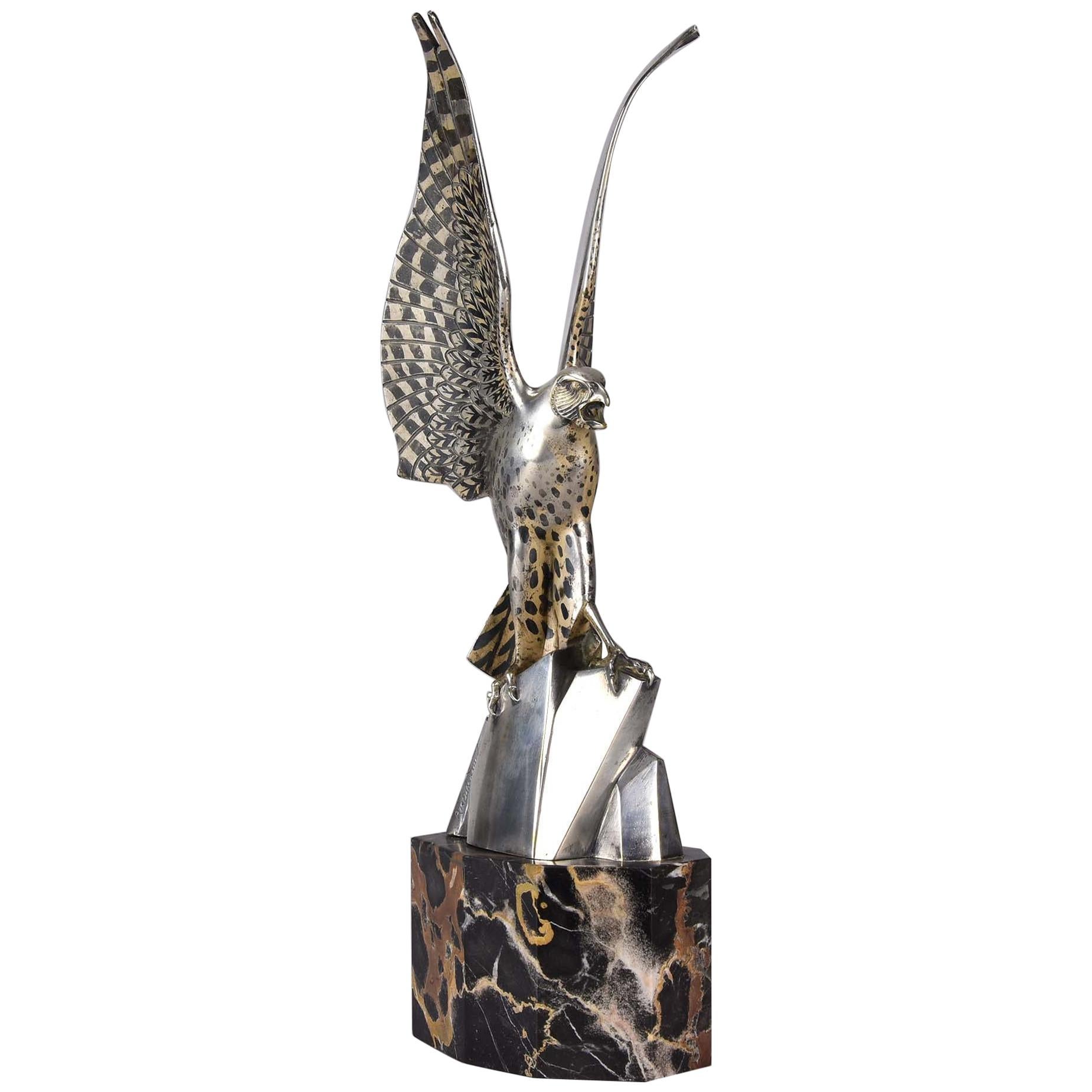 Art Deco Silvered Bronze Falcon by Henri Rischmann