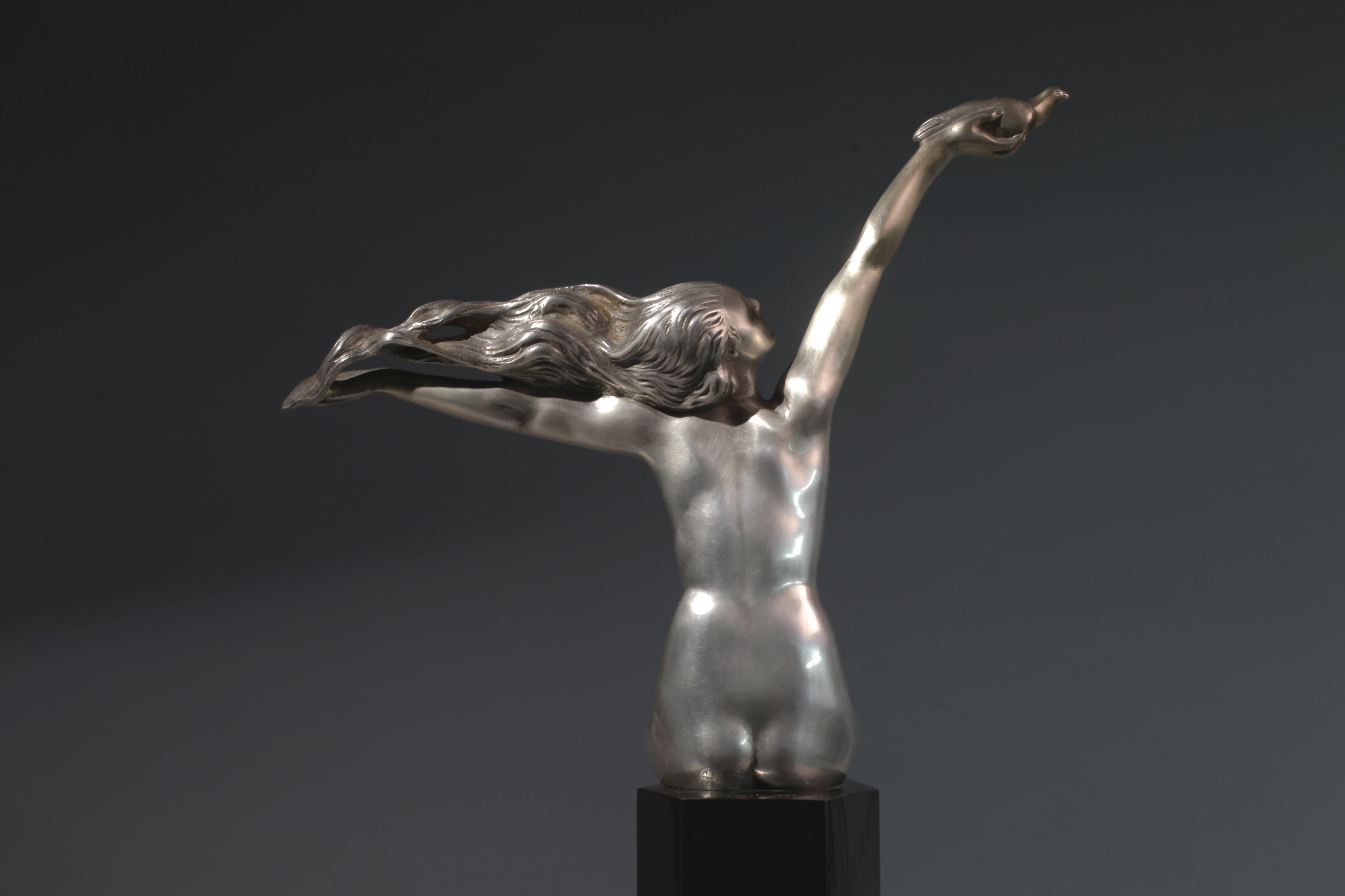 French Art Deco Silvered Bronze Figure of a Nude Holding a Bird, by Amadeo Gennarelli