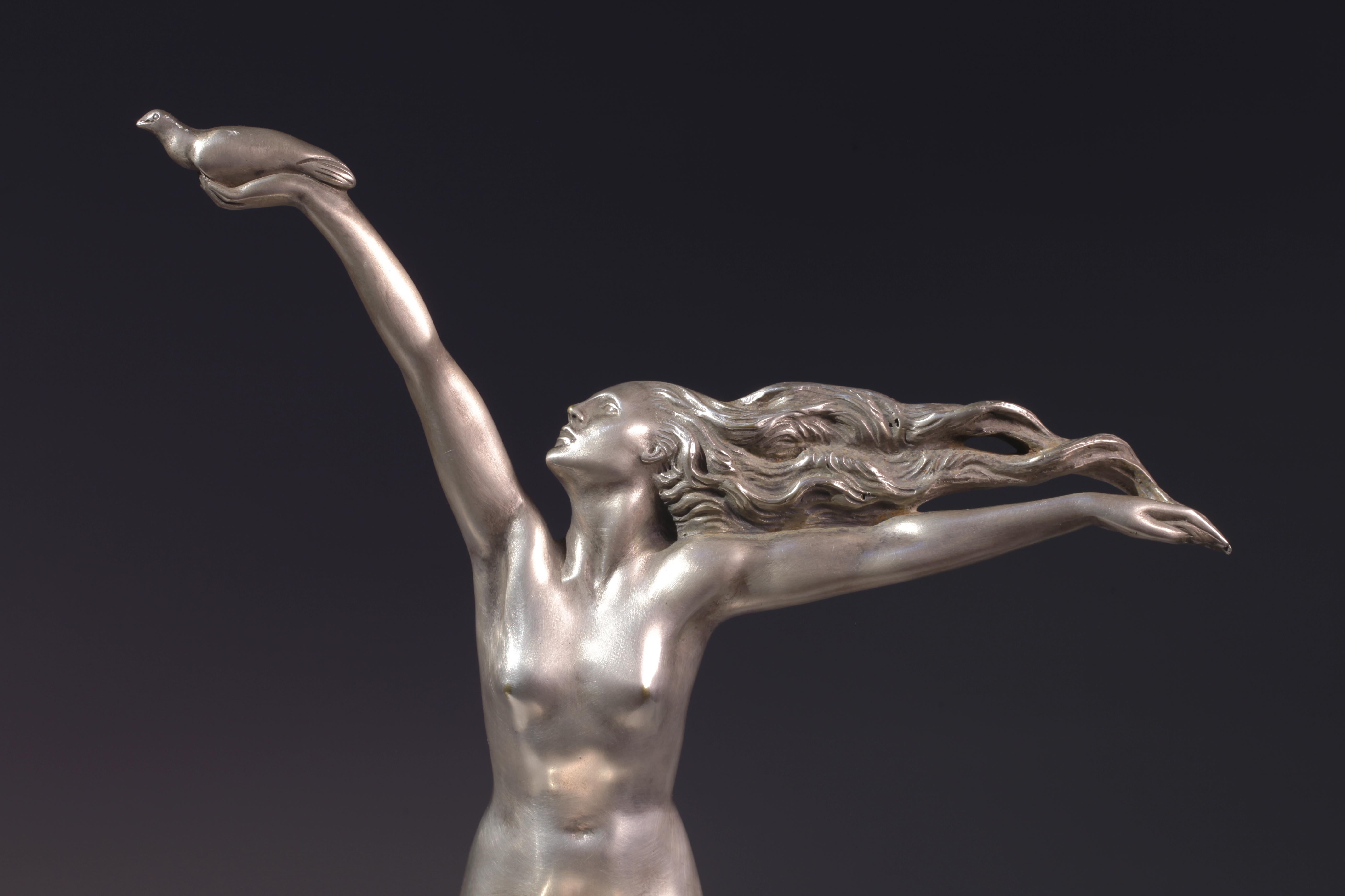 Hand-Crafted Art Deco Silvered Bronze Figure of a Nude Holding a Bird, by Amadeo Gennarelli