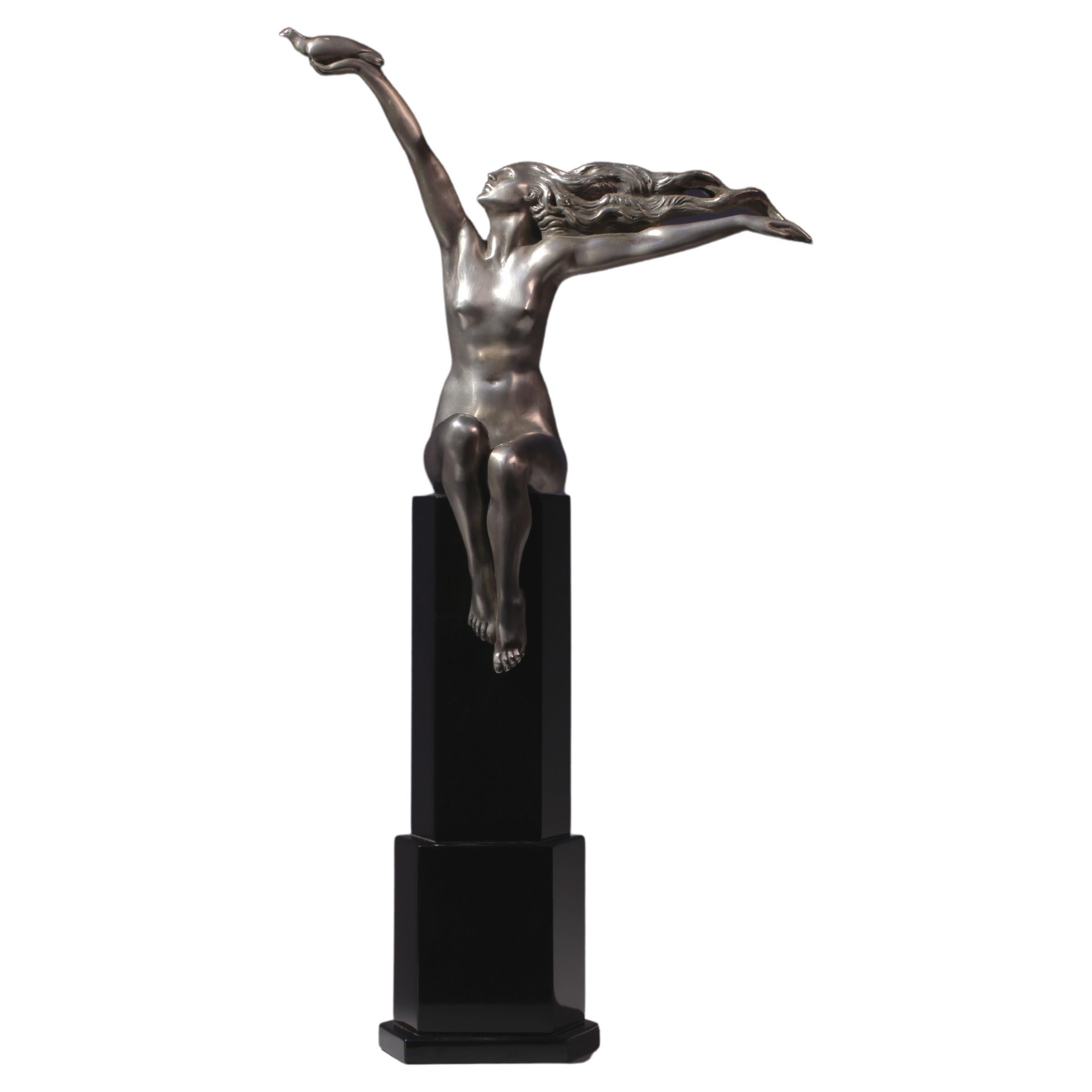 Art Deco Silvered Bronze Figure of a Nude Holding a Bird, by Amadeo Gennarelli