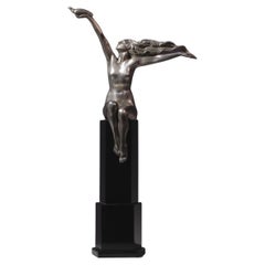 Art Deco Silvered Bronze Figure of a Nude Holding a Bird, by Amadeo Gennarelli