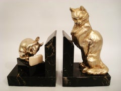 Art Deco Silvered Bronze Figures of Cat and Mice Bookends, Cartier, France 1930s