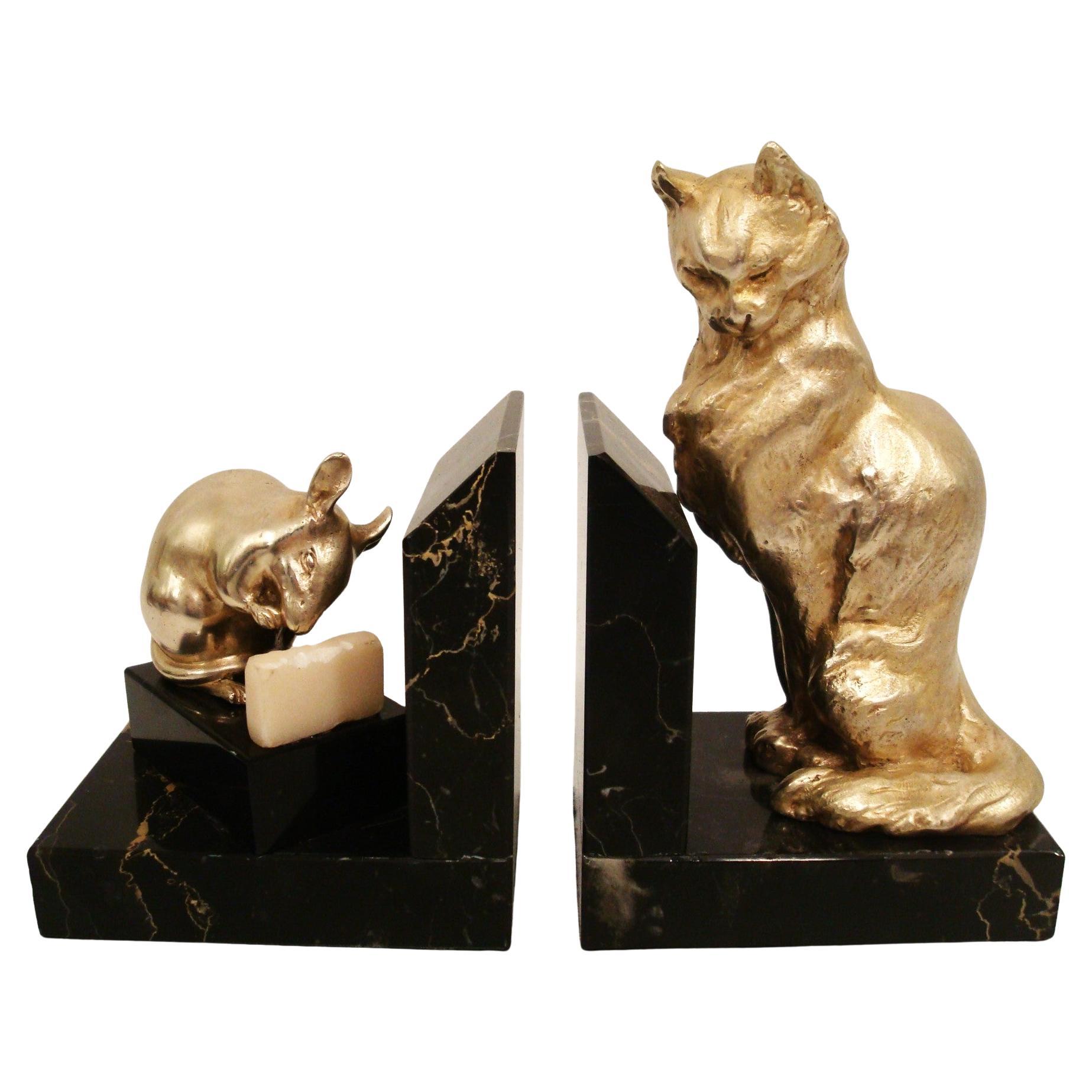 Art Deco Silvered Bronze Figures of Cat and Mice Bookends, Cartier, France 1930s