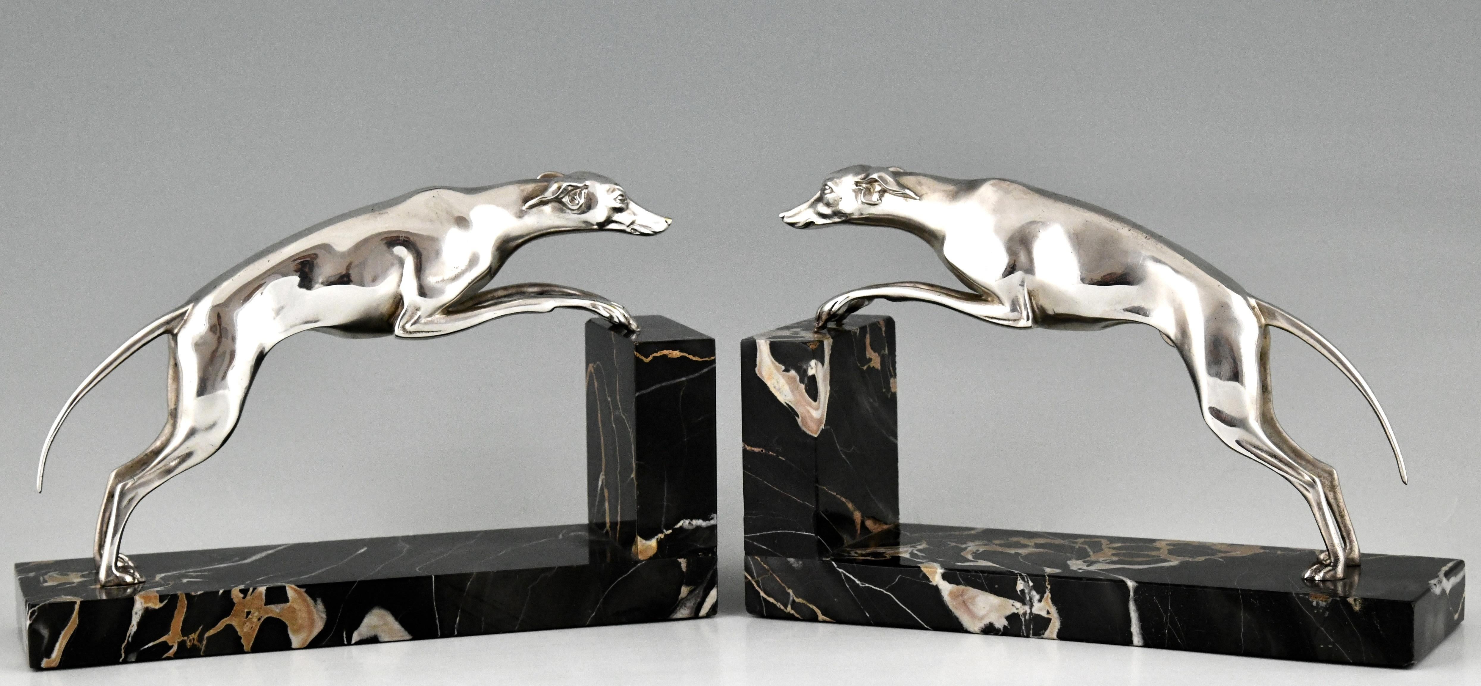 French Art Deco Silvered Bronze Greyhound Bookends Georges Gori, France, 1930