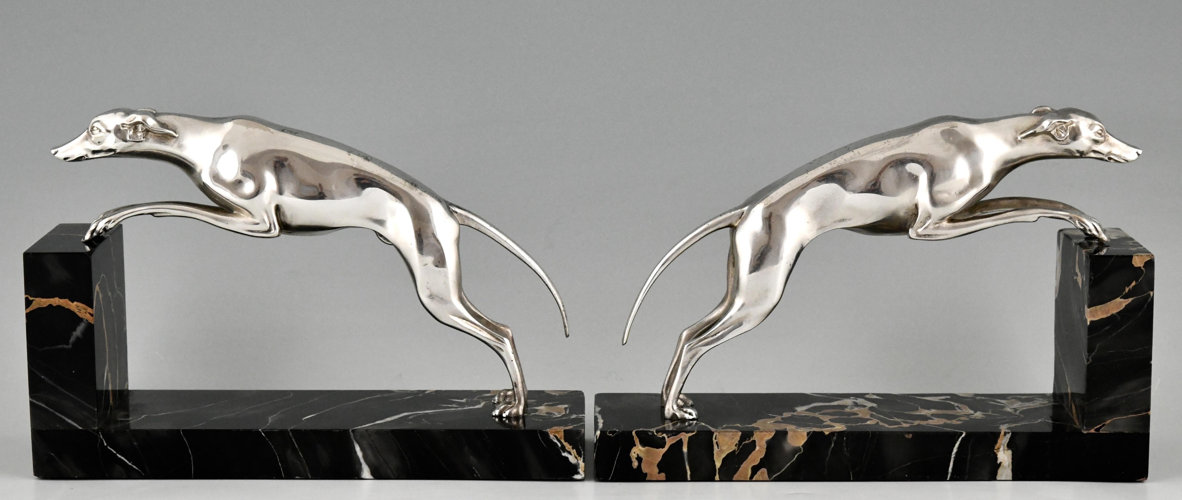20th Century Art Deco Silvered Bronze Greyhound Bookends Georges Gori, France, 1930