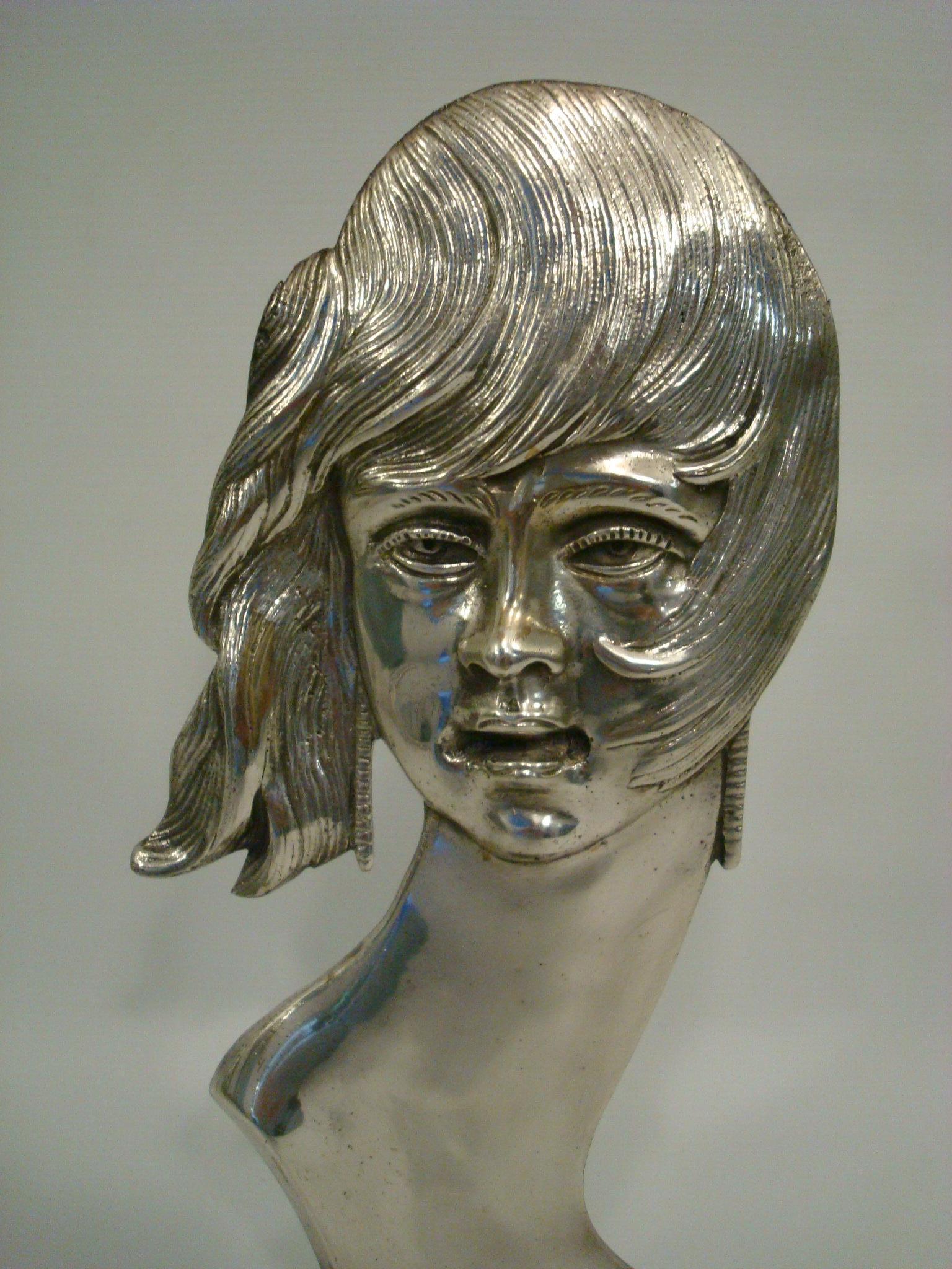 French Art Deco Silvered Bronze Head / Bust Sculpture of a Woman / France, 1930 For Sale