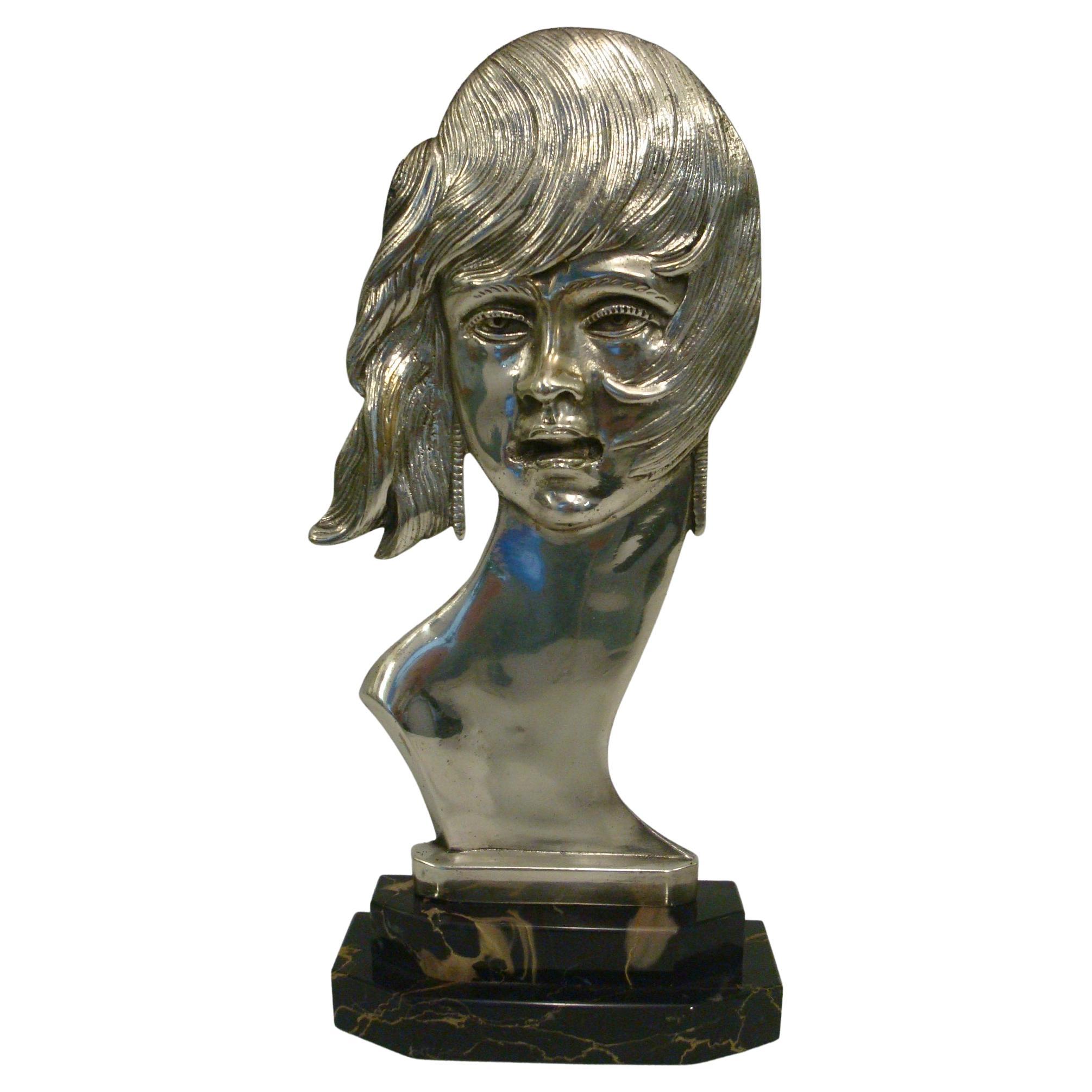 Art Deco Silvered Bronze Head / Bust Sculpture of a Woman / France, 1930