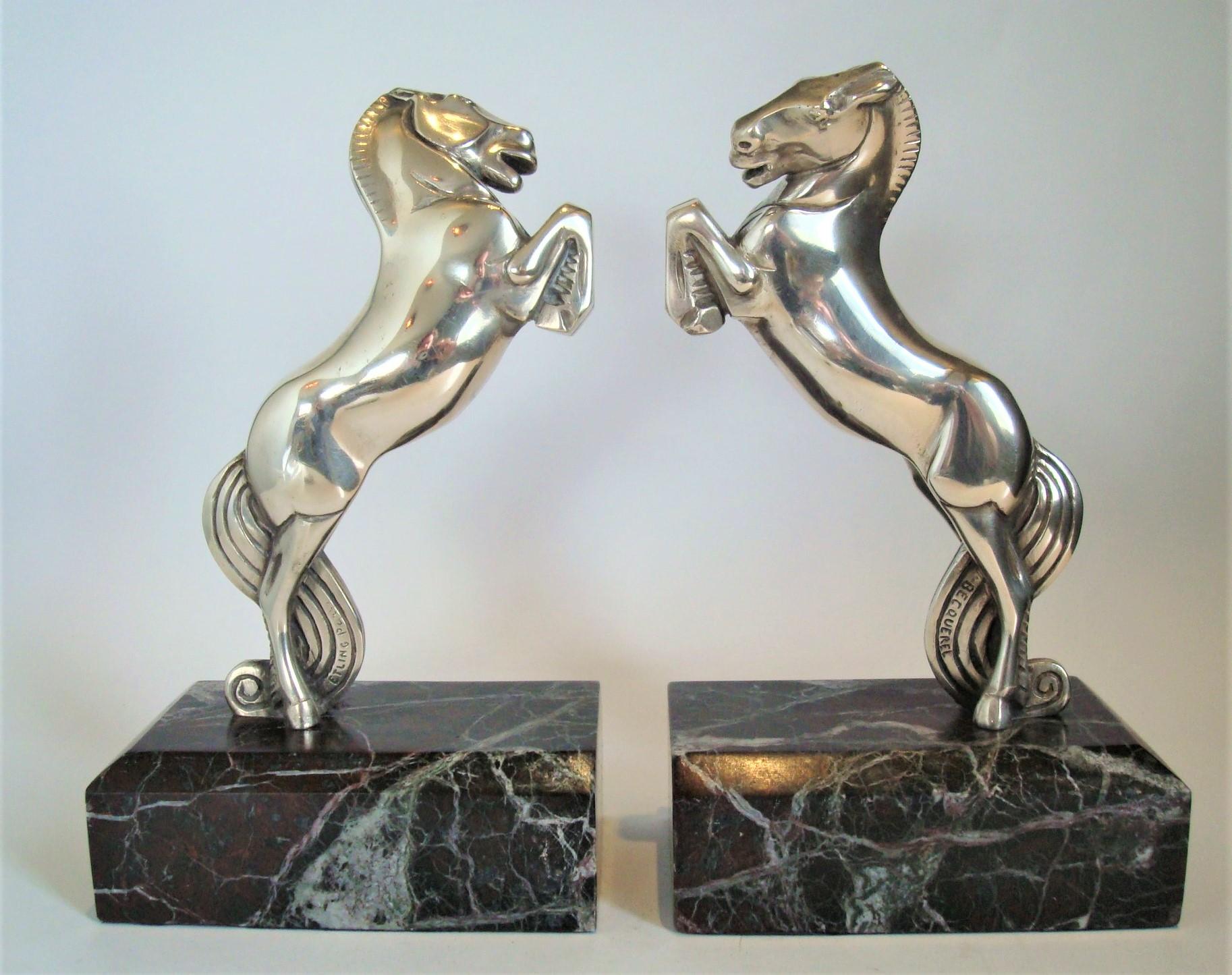 Pair of Art Deco silvered bronze horse bookends and mounted over marble bases. Signed Becquerel and foundry Etling, Paris. Same sculpture has been used as car mascot / hood ornament.
Perfect gift for any polo, equestrian fan.