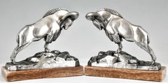 Art Deco silvered bronze ibex bookends signed by C. Charles.