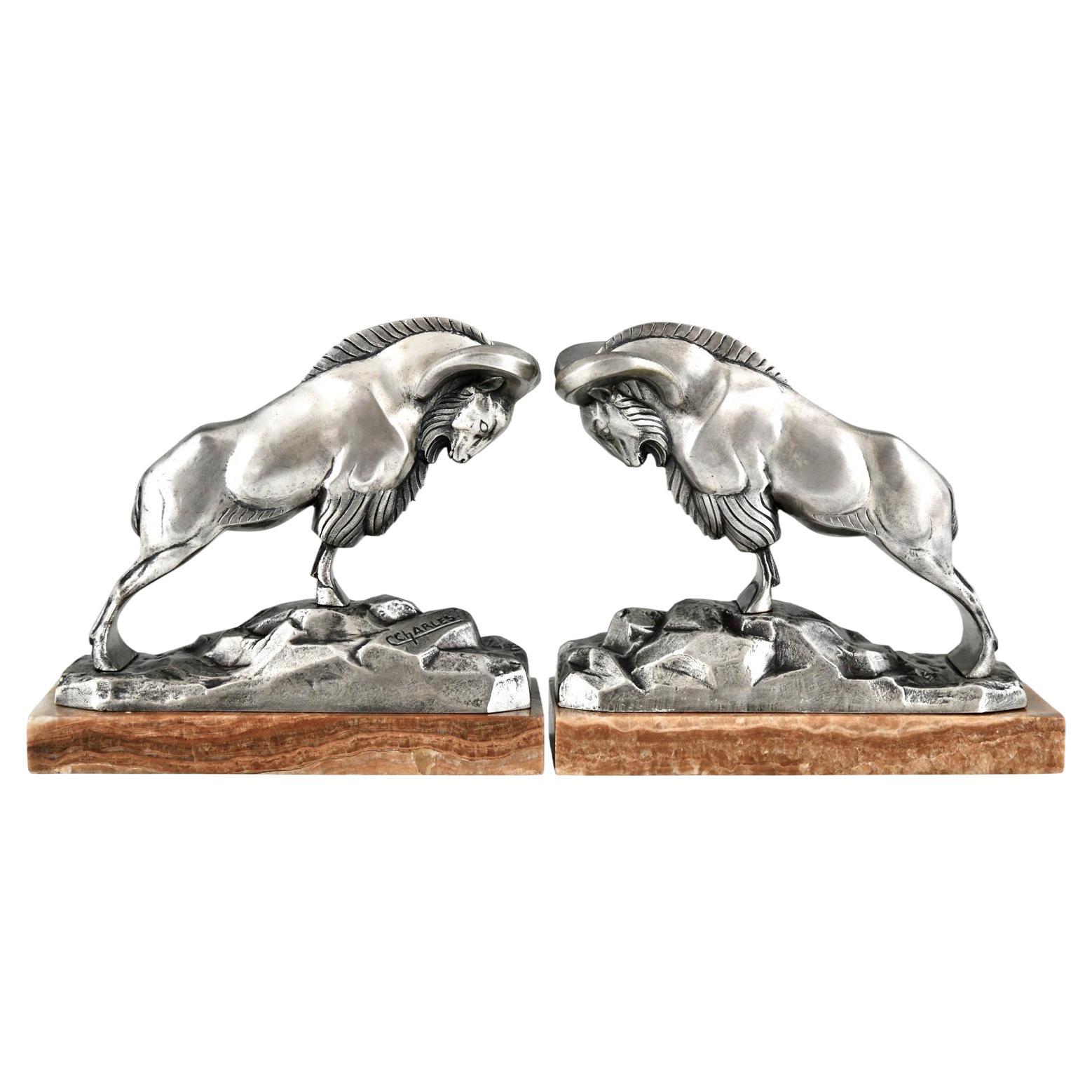 Art Deco silvered bronze ibex bookends signed by C. Charles.