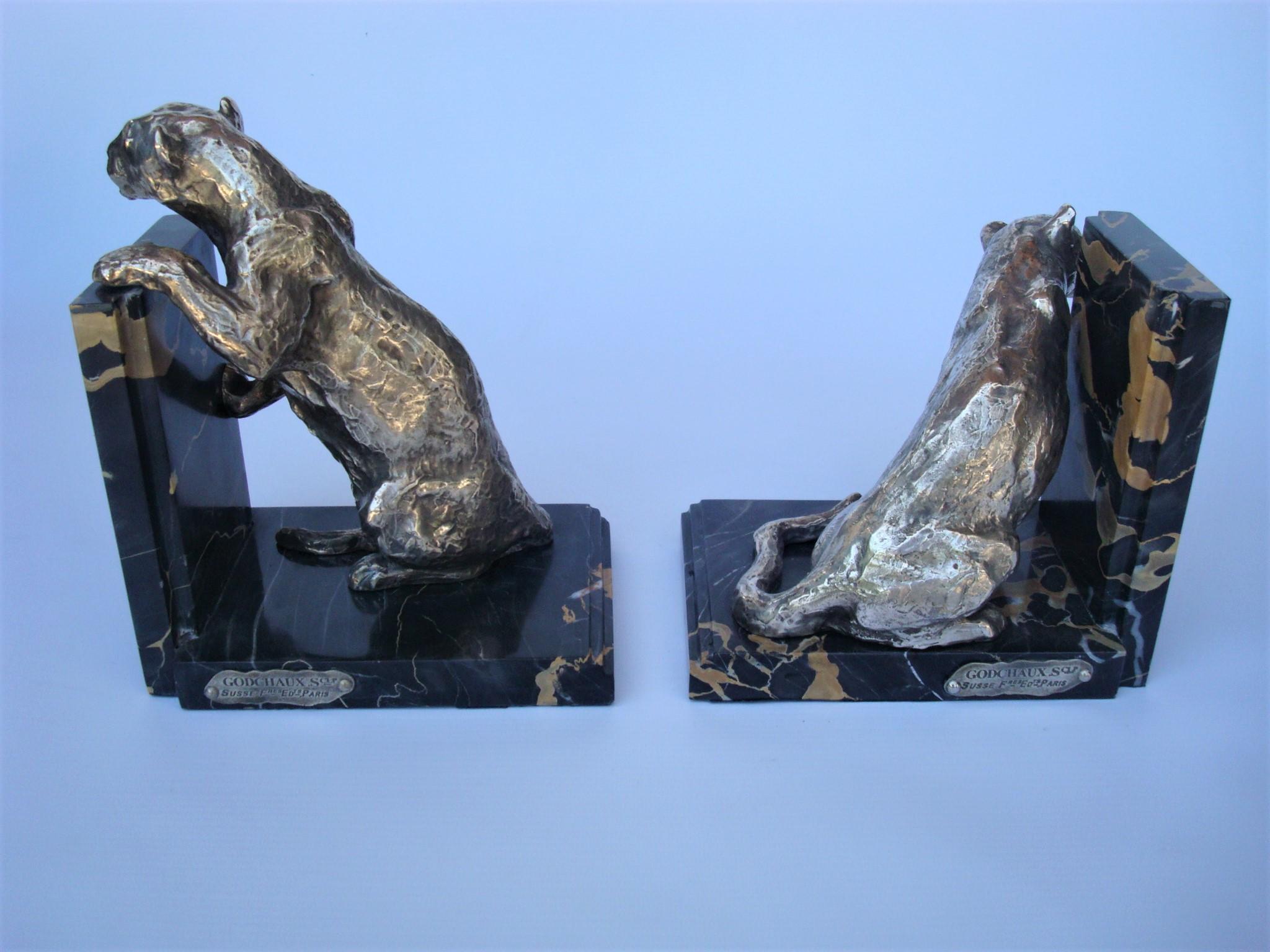Serre-livres Art Déco figures de lions en bronze argenté de Roger Godchaux en vente 1