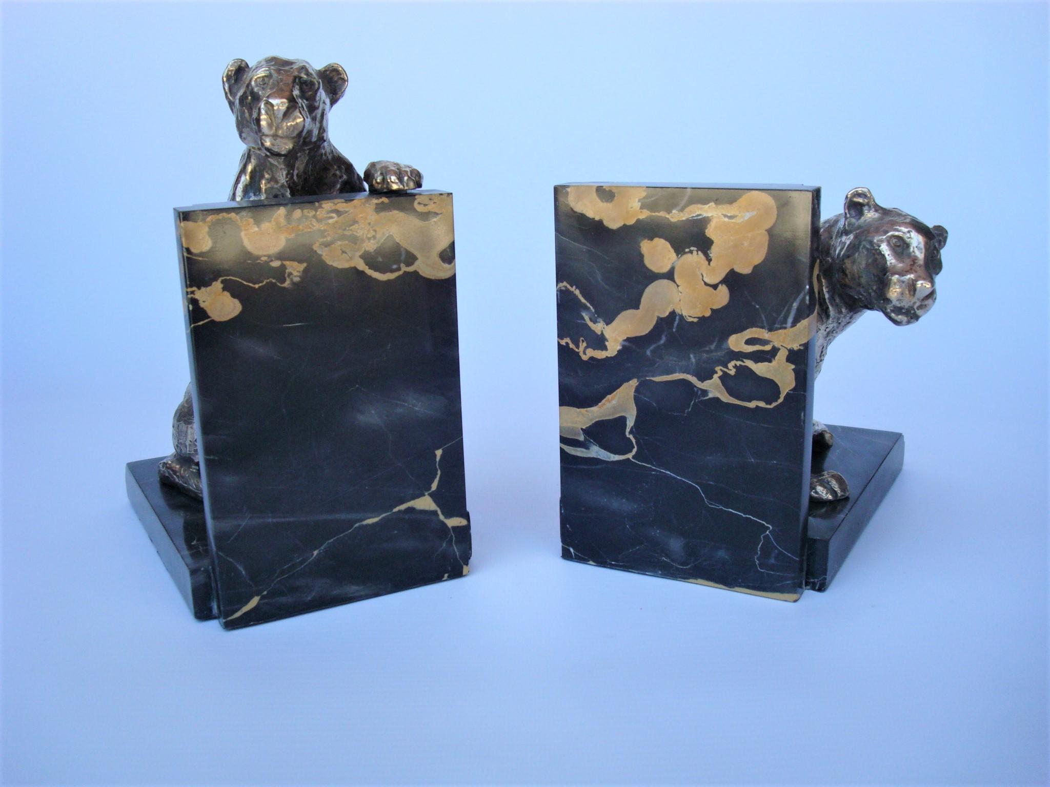 Art Deco Silvered Bronze Lioness Figures Bookends by Roger Godchaux For Sale 1
