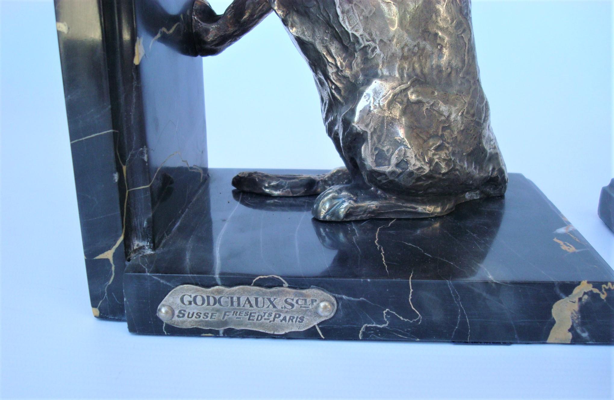 Bronze Serre-livres Art Déco figures de lions en bronze argenté de Roger Godchaux en vente