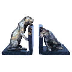 Vintage Art Deco Silvered Bronze Lioness Figures Bookends by Roger Godchaux