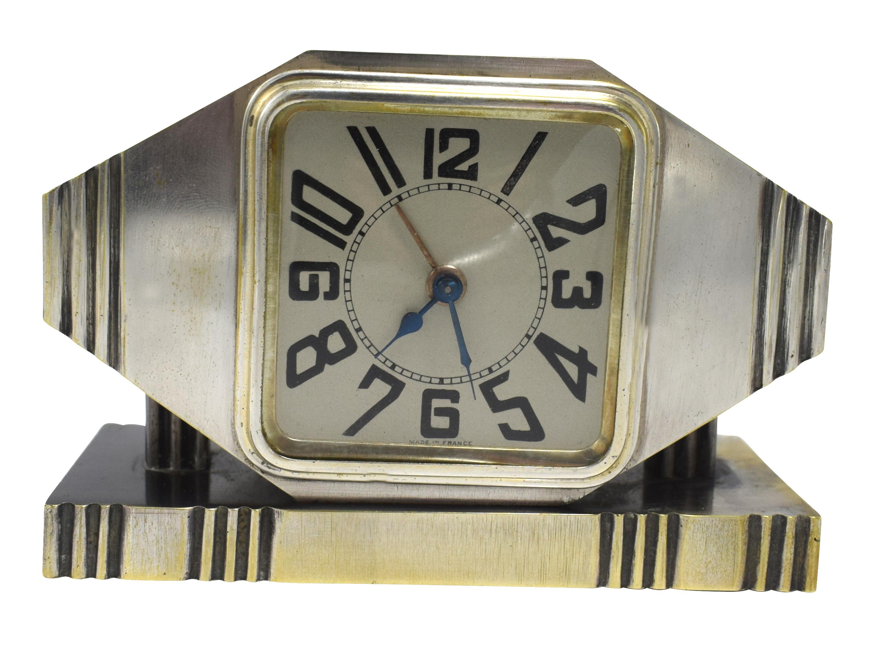 French Art Deco Silvered Bronze Machine Age Alarm Clock, circa 1920s