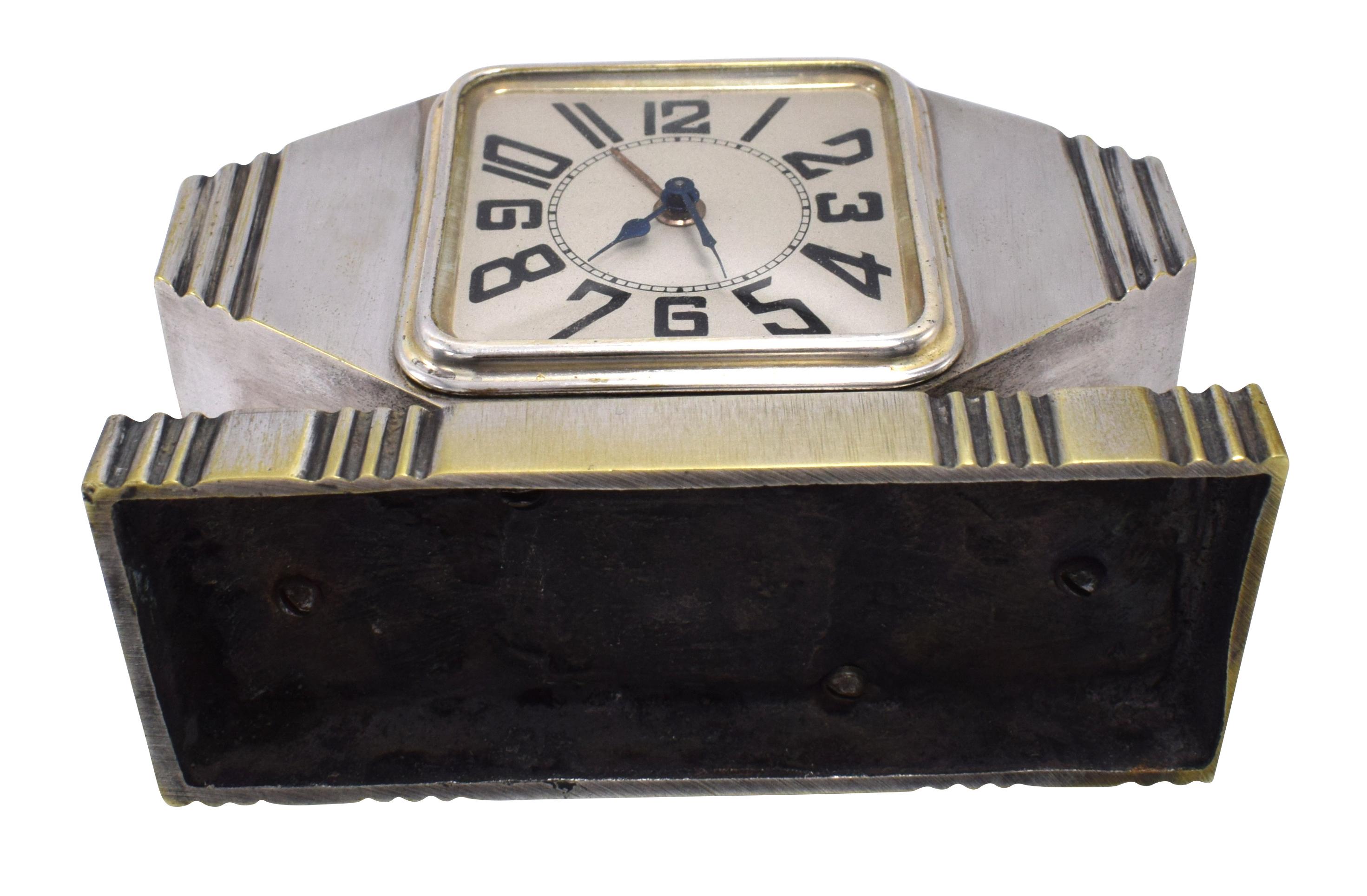 20th Century Art Deco Silvered Bronze Machine Age Alarm Clock, circa 1920s