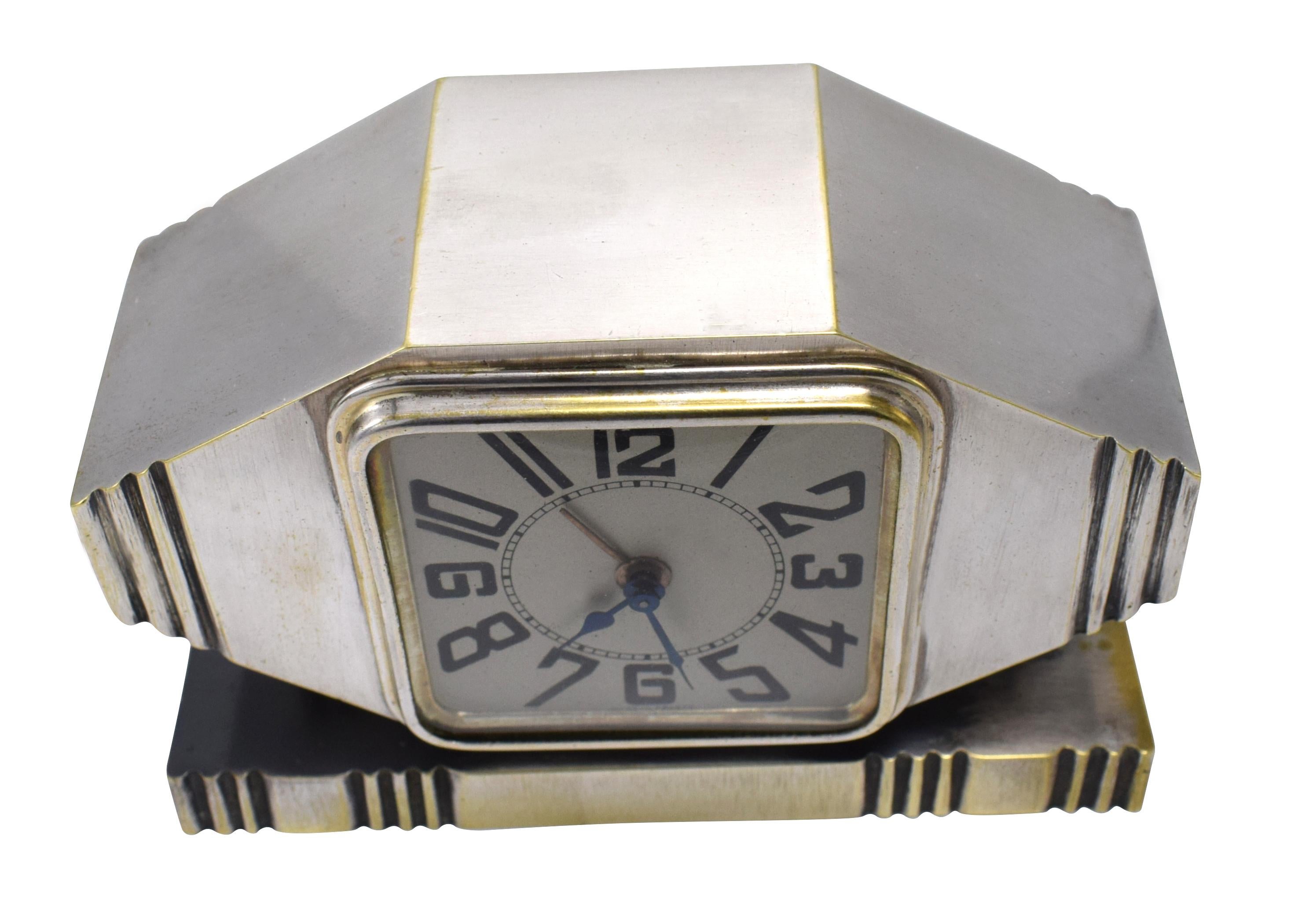 Glass Art Deco Silvered Bronze Machine Age Alarm Clock, circa 1920s