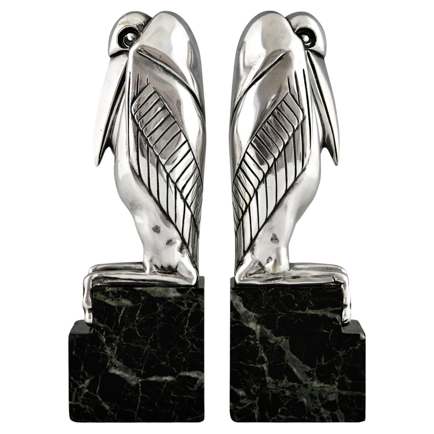 Art Deco silvered bronze Marabou stork bookends by Marcel Bouraine France 1925