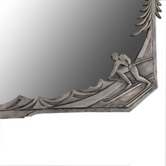 Art Deco Silvered Bronze Mirror with Skiers France 1925