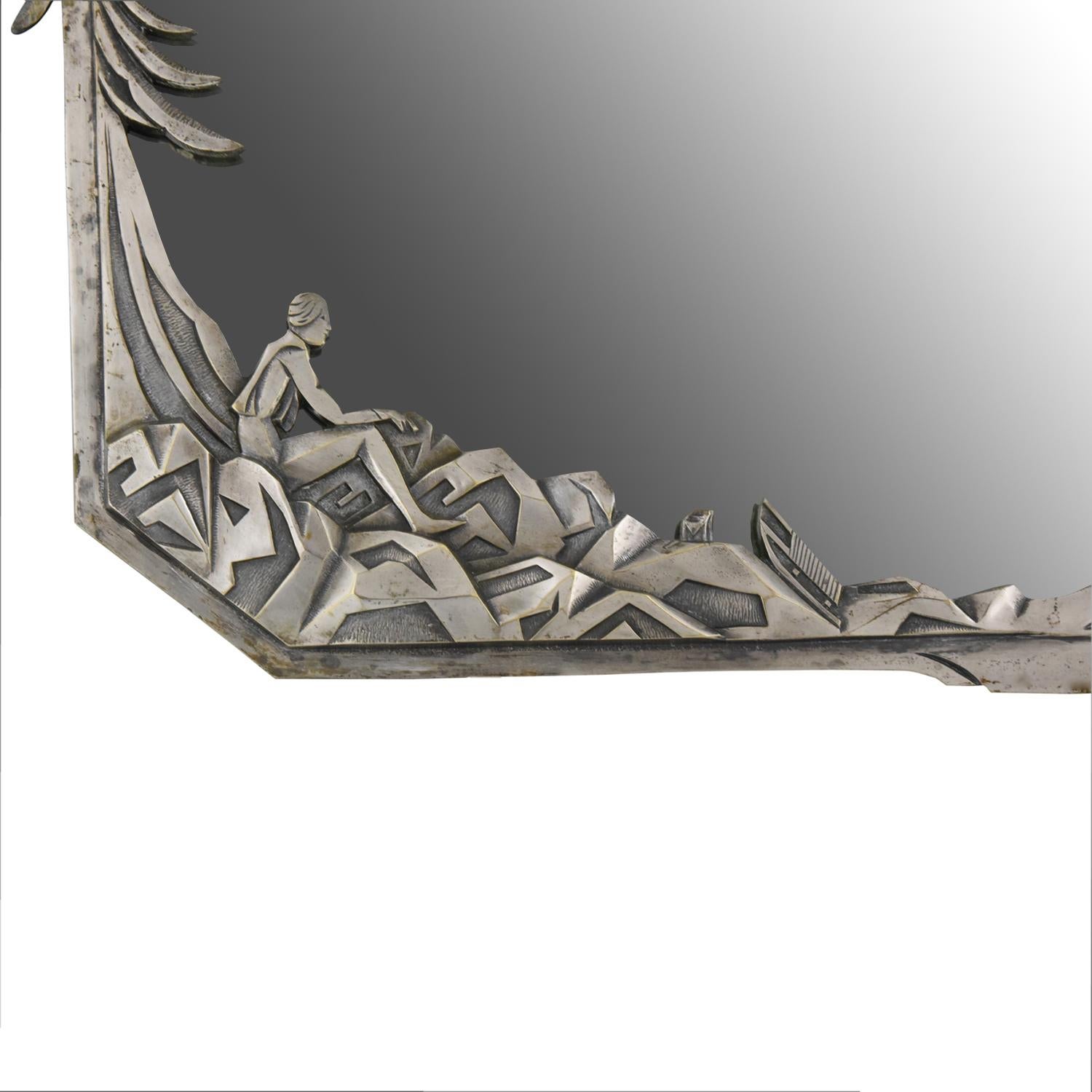 French Art Deco Silvered Bronze Mirror with Skiers France 1925