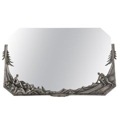 Art Deco Silvered Bronze Mirror with Skiers France 1925