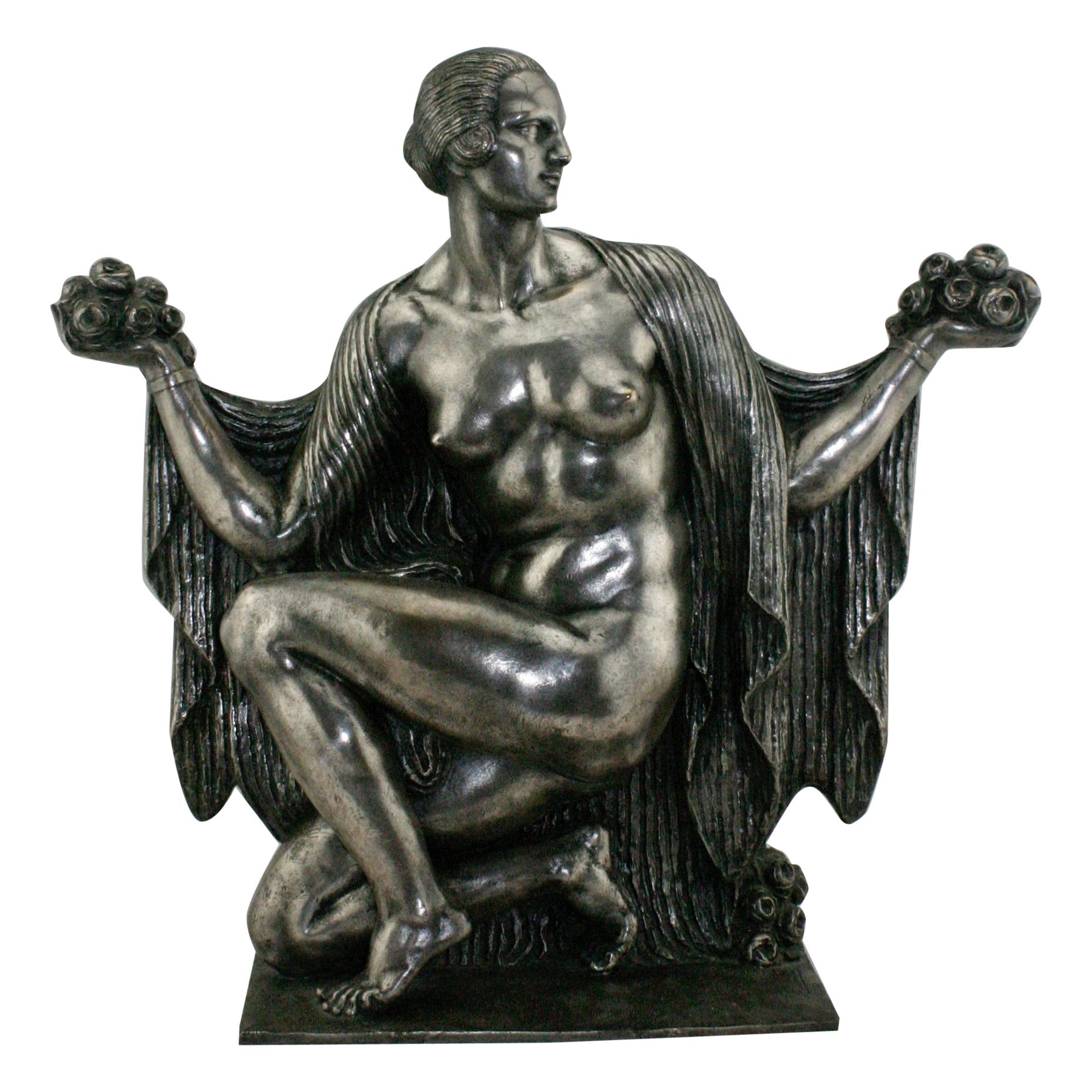 Skulptur eines nackten Akts aus versilberter Bronze im Art déco-Stil von Cormier „Joe Descomps“, um 1920 im Angebot