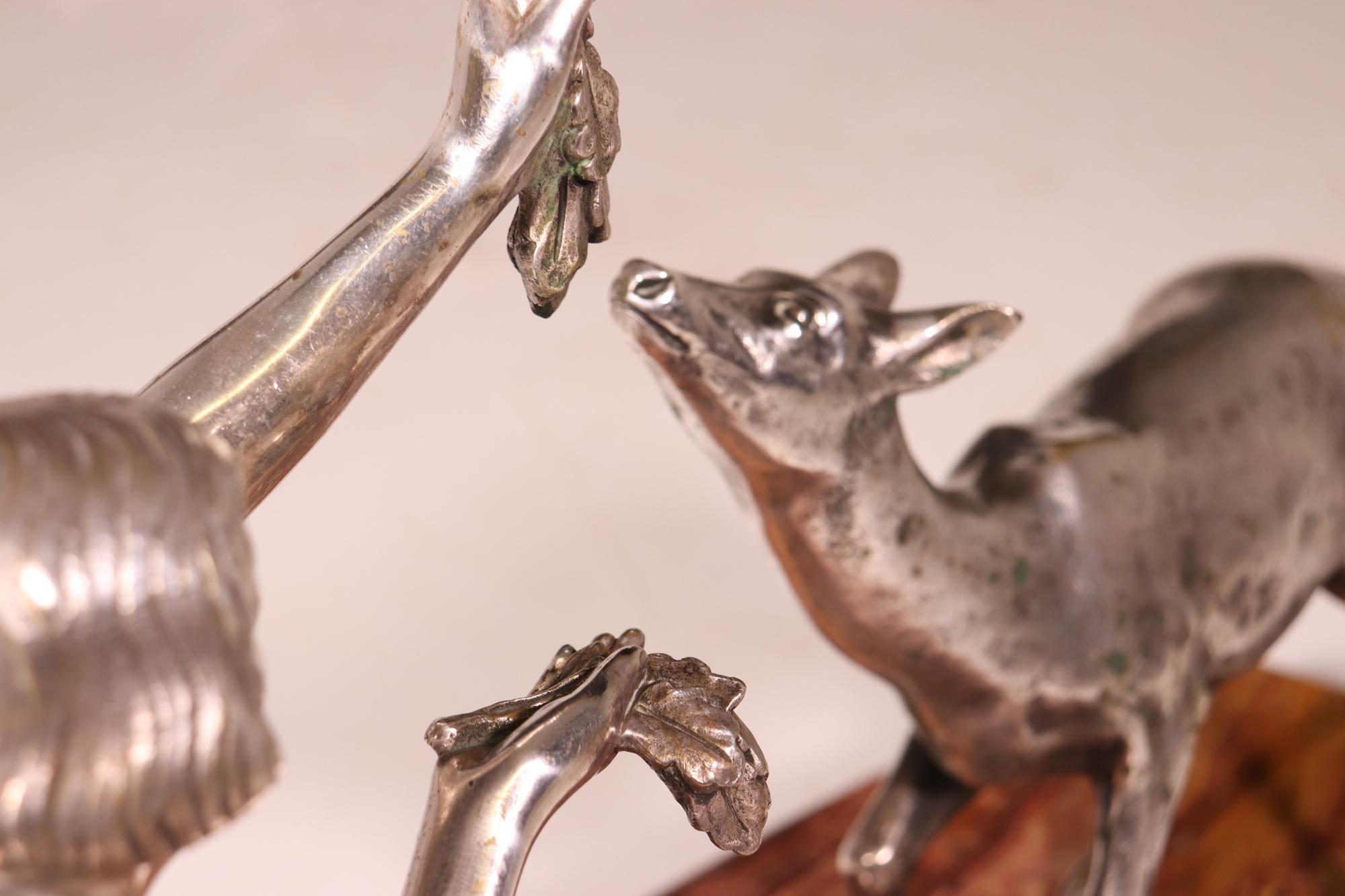 Art Deco Silvered Bronze of Lady Feeding Deer by D’Arte C1930 For Sale 5