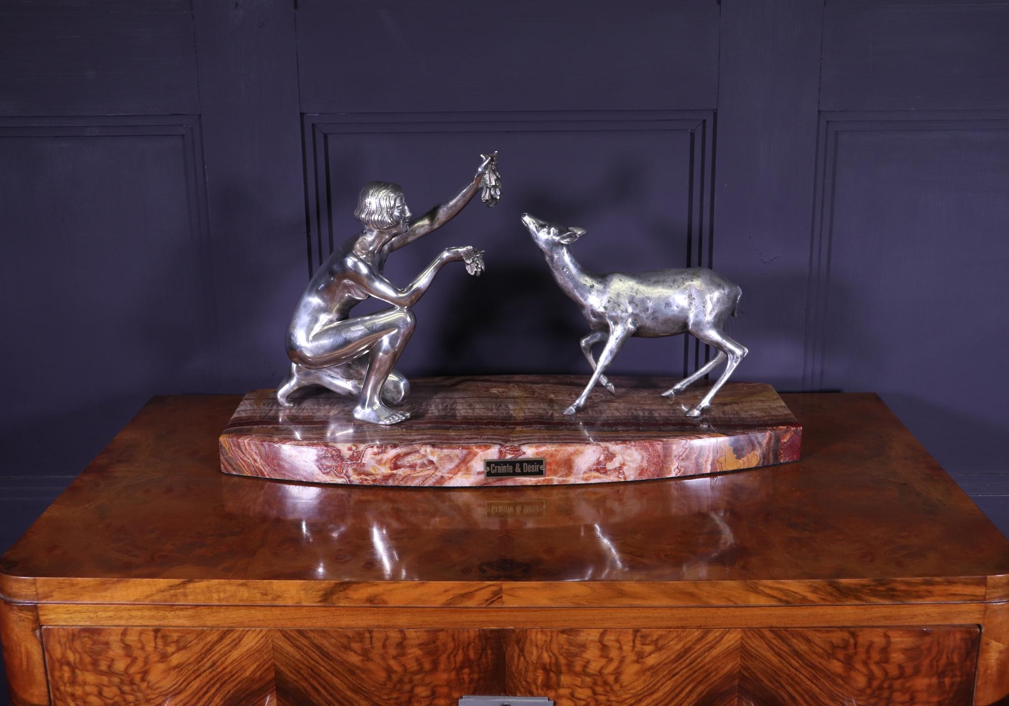 Art Deco Silvered Bronze of Lady Feeding Deer by D’Arte C1930 For Sale 7