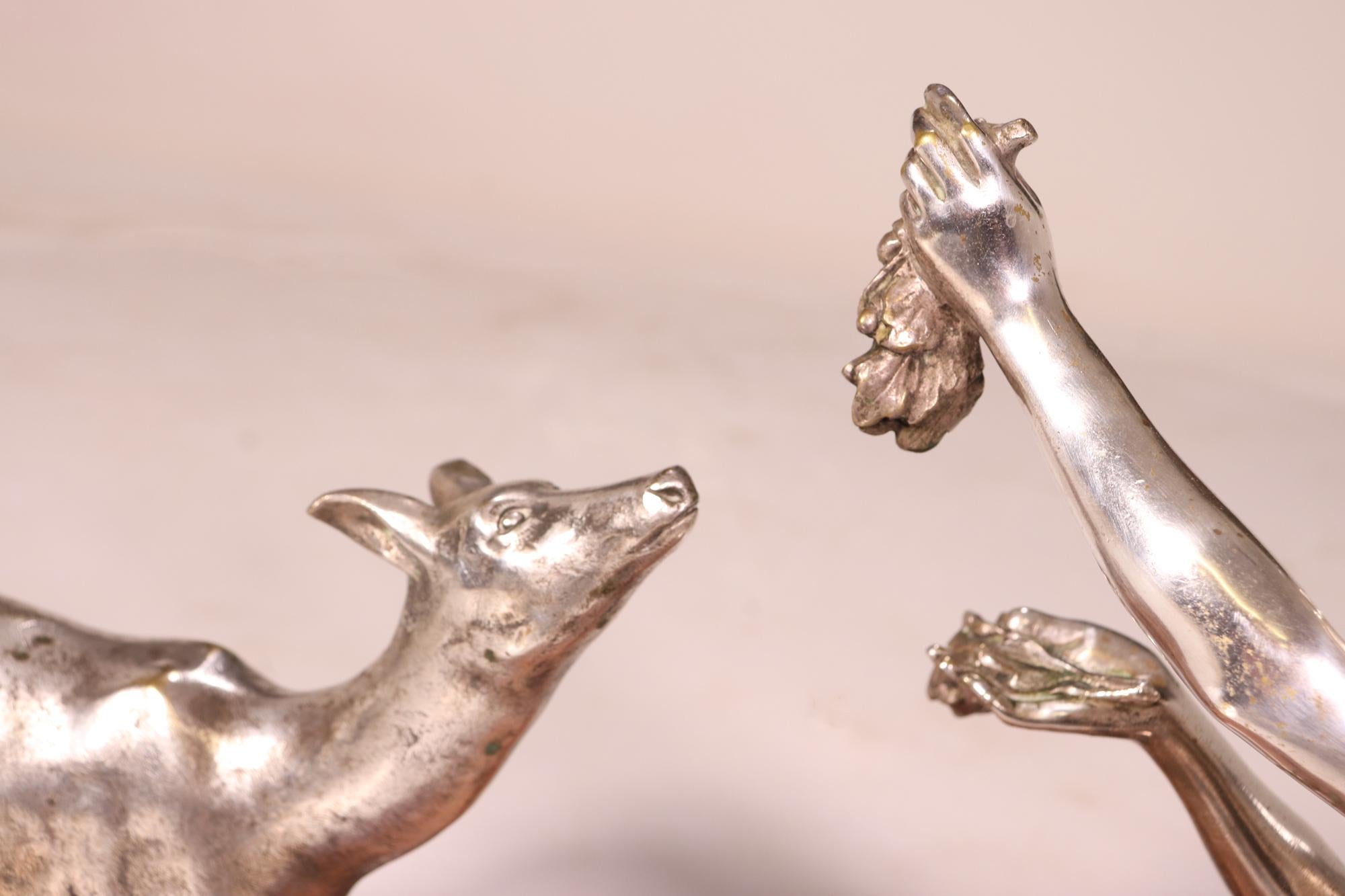 Art Deco Silvered Bronze of Lady Feeding Deer by D’Arte C1930 For Sale 1