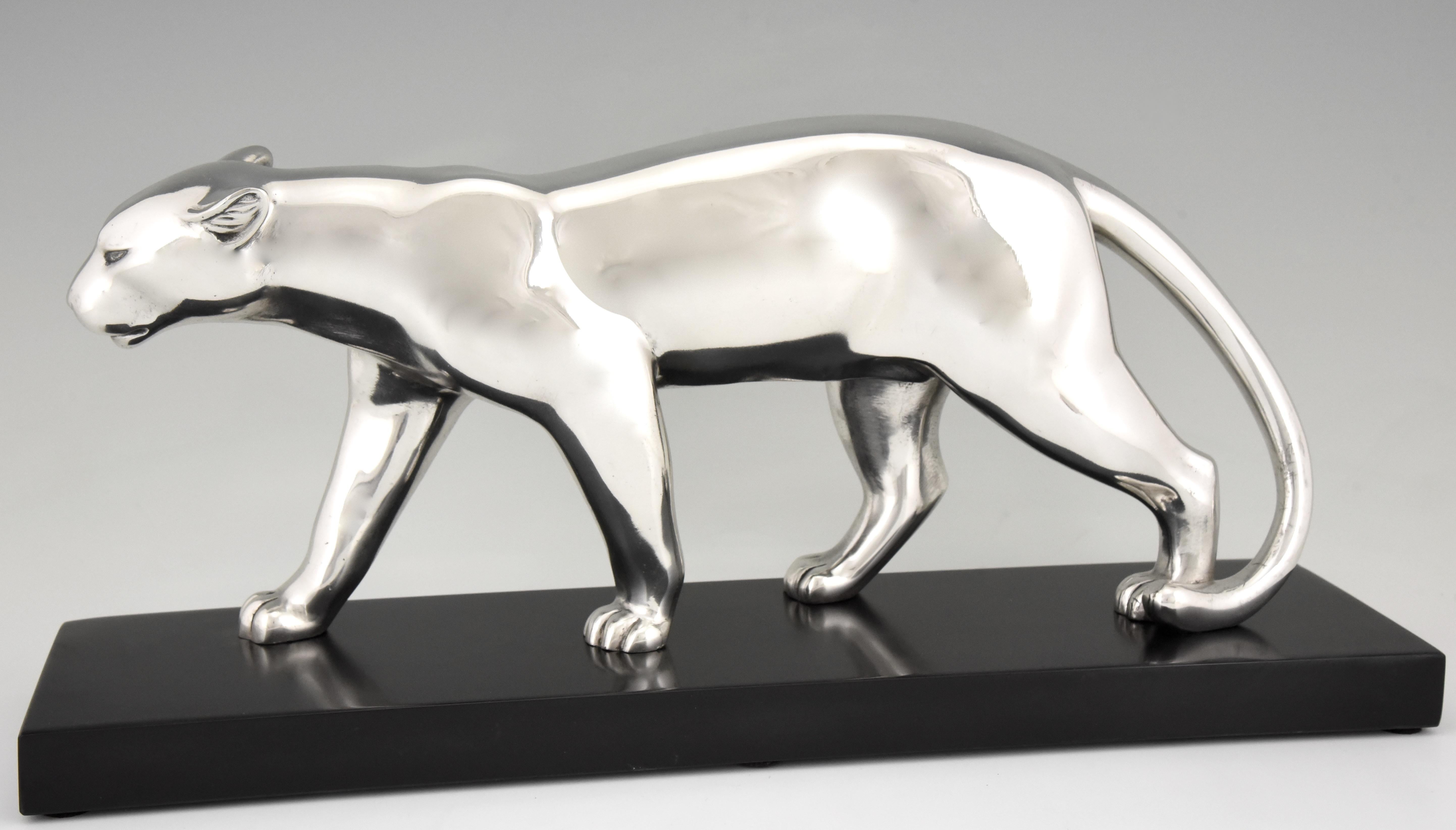 French Art Deco Silvered Bronze Panther Sculpture, Emile Louis Bracquemond, 1930