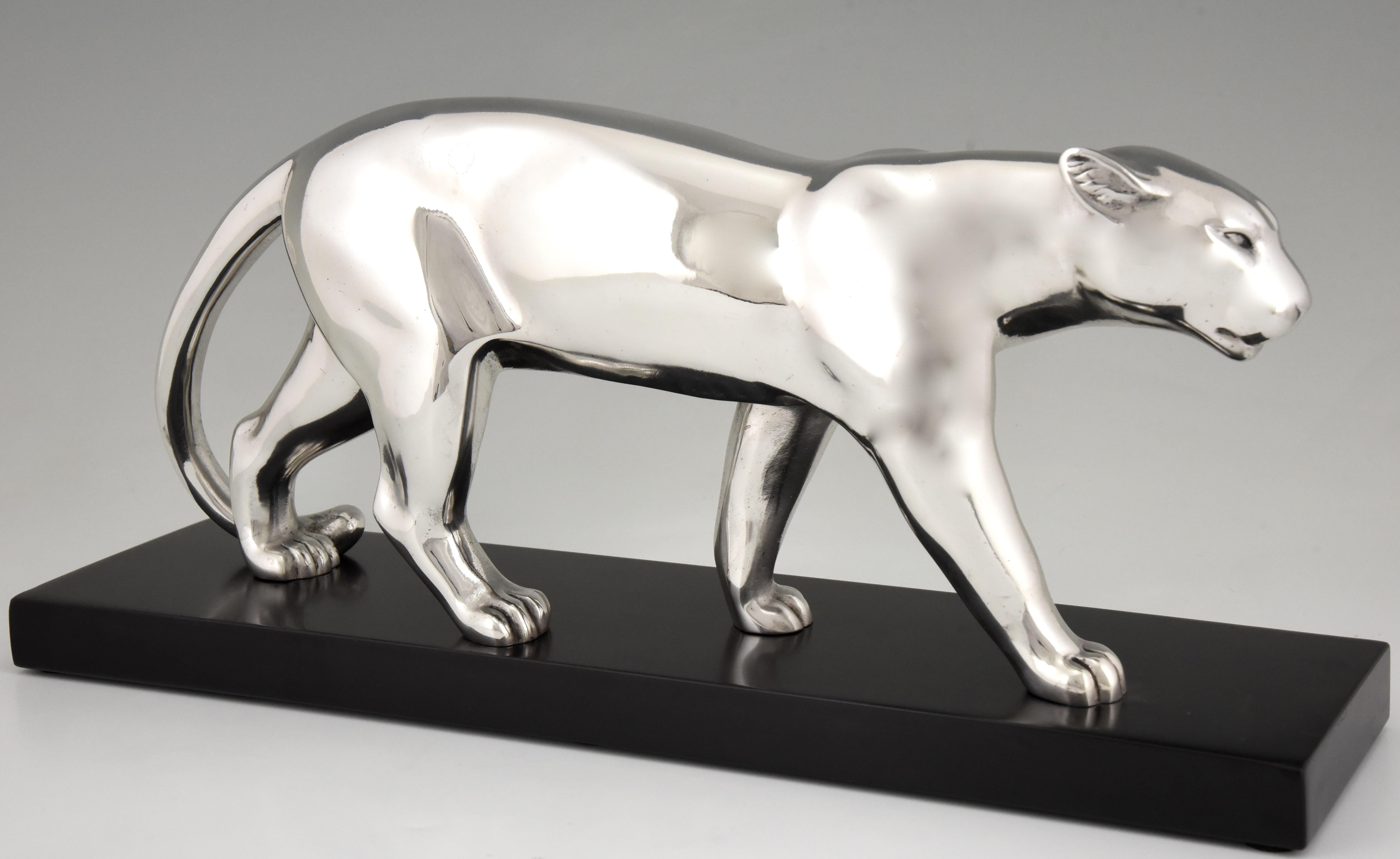 Art Deco Silvered Bronze Panther Sculpture, Emile Louis Bracquemond, 1930 1