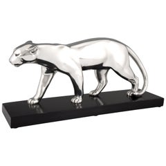 Vintage Art Deco Silvered Bronze Panther Sculpture, Emile Louis Bracquemond, 1930