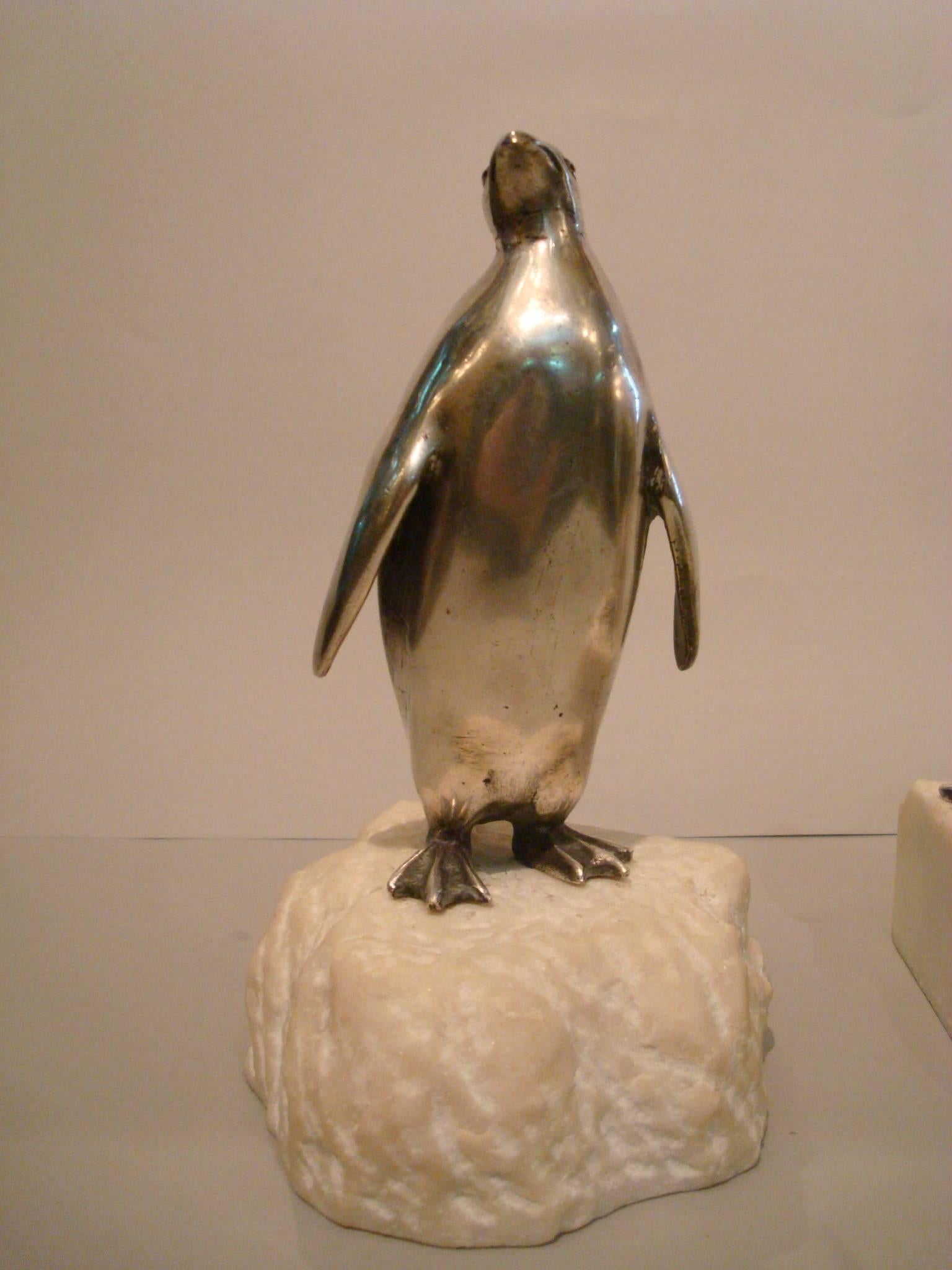 French Art Deco Silvered Bronze Penguin Bookends, France, 1920s