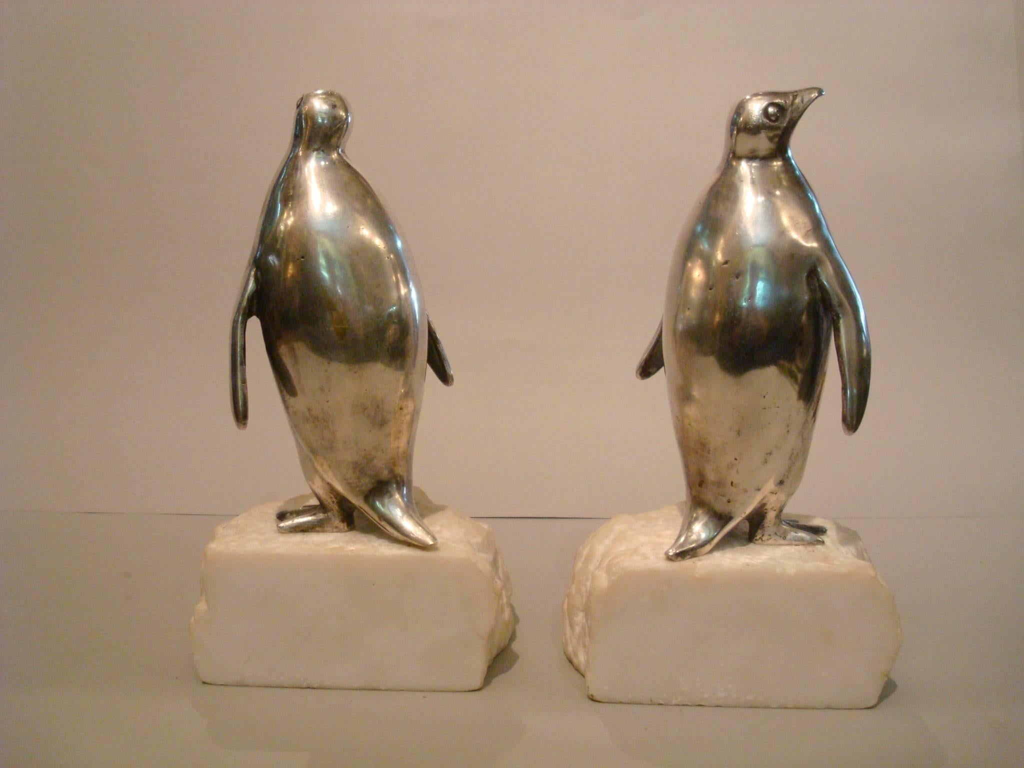 Hand-Carved Art Deco Silvered Bronze Penguin Bookends, France, 1920s