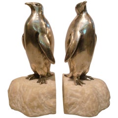 Art Deco Silvered Bronze Penguin Bookends, France, 1920s