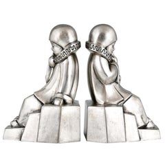 Art Deco silvered bronze pierrot bookends by Jean de la Fontinelle.