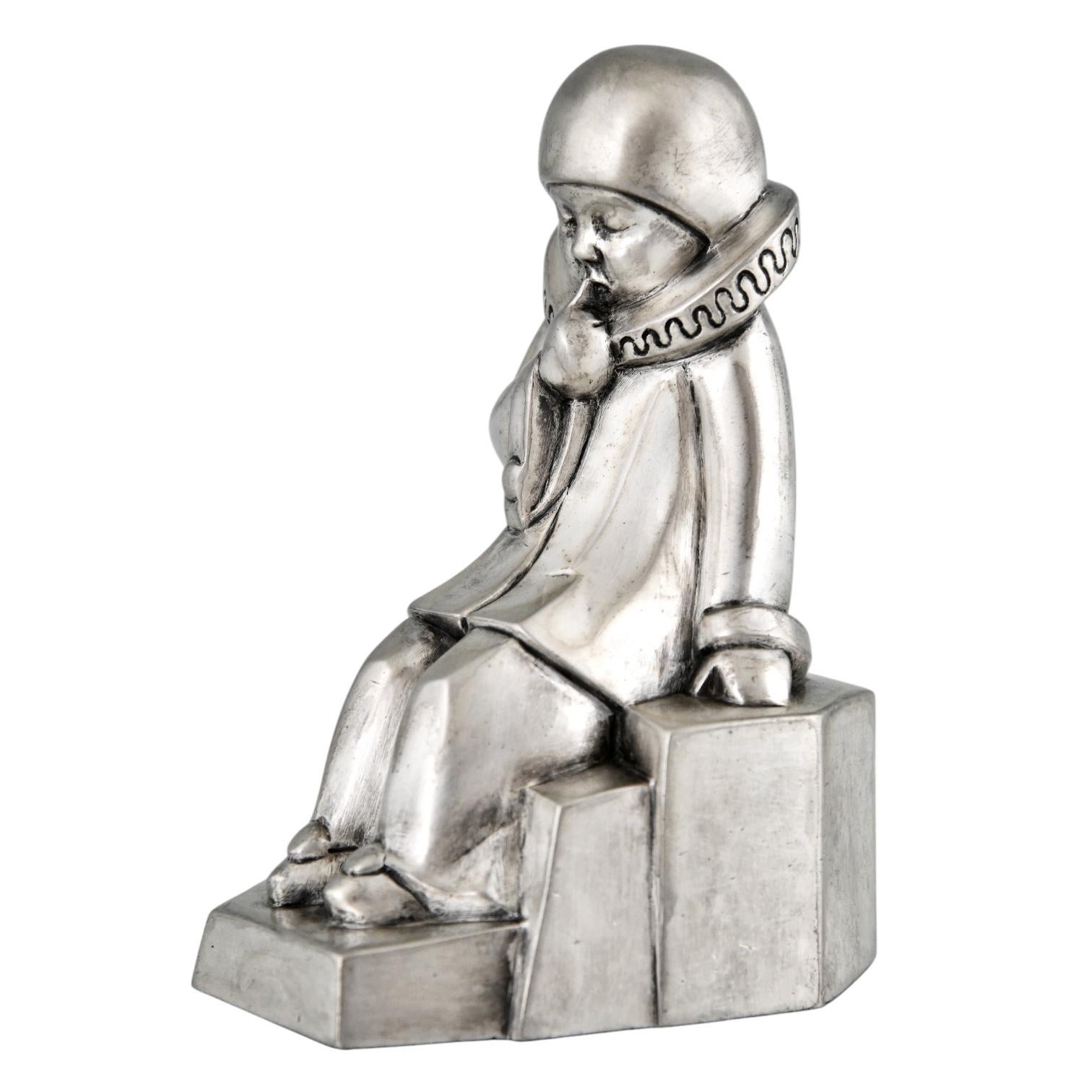 Bronze Art Deco silvered bronze pierrot bookends by Jean de la Fontinelle. For Sale